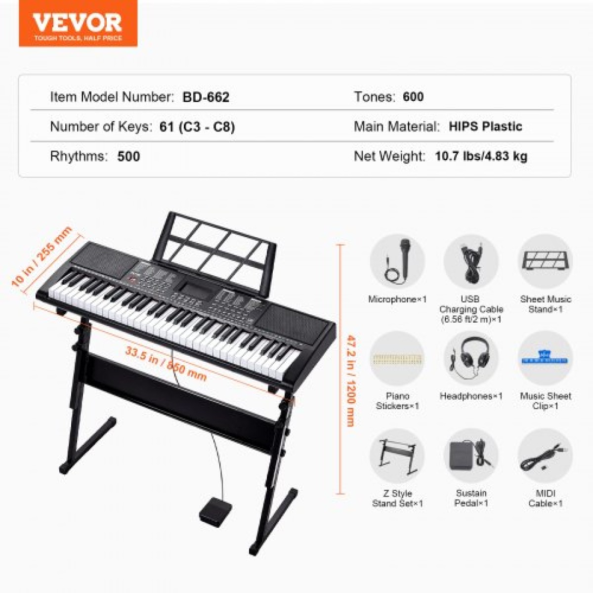 VEVOR 61 Key Digital Keyboard Piano, Φωτιζόμενα Πλήκτρα, Ηλεκτρικό Φορητό Πιάνο με Ρυθμιζόμενη Βάση 600 Tones 500 Rhythms Ενσωματωμένα ηχεία Sustain Pedal Ακουστικά, USB MIDI για αρχάριους