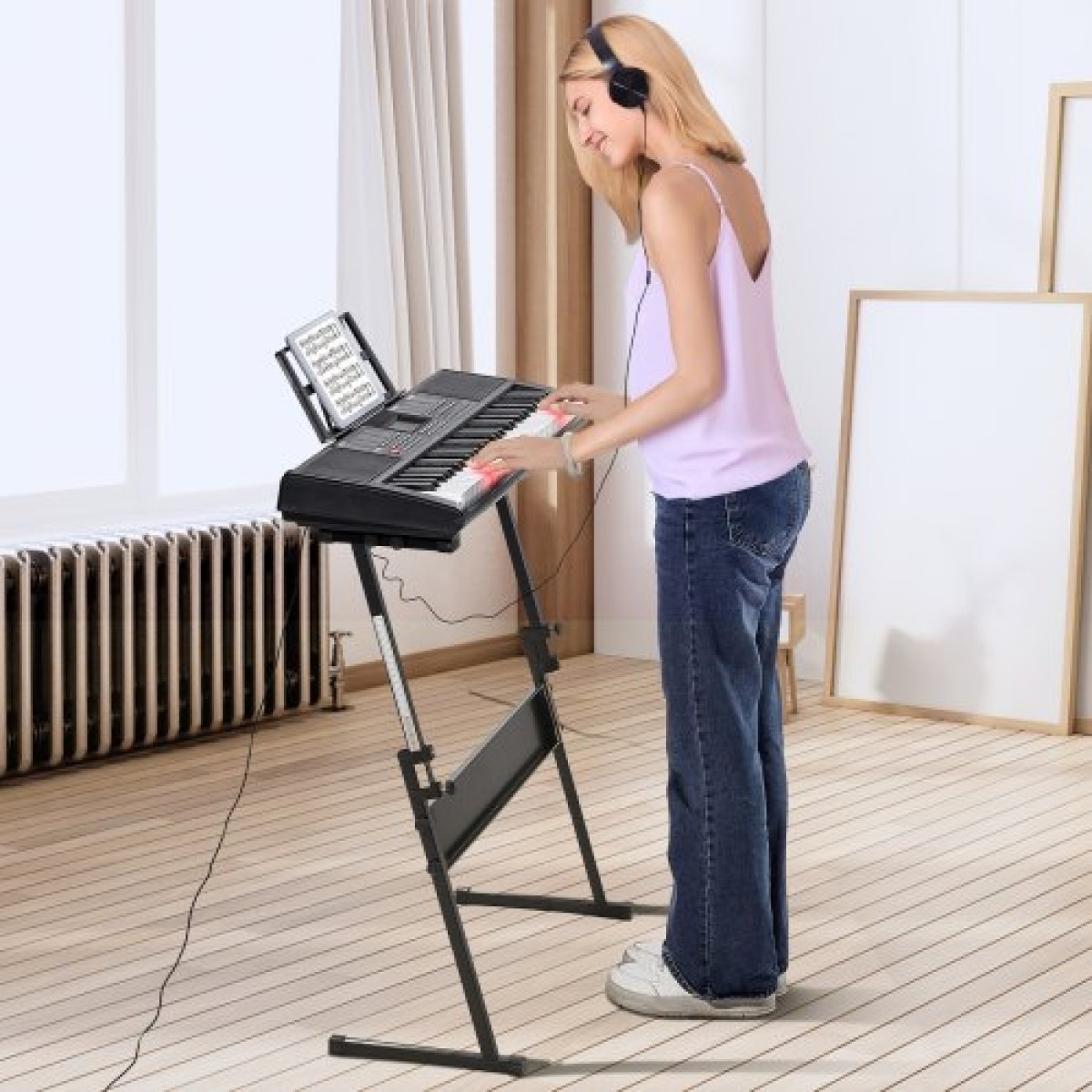 VEVOR 61 Key Digital Keyboard Piano, Φωτιζόμενα Πλήκτρα, Ηλεκτρικό Φορητό Πιάνο με Ρυθμιζόμενη Βάση 600 Tones 500 Rhythms Ενσωματωμένα ηχεία Sustain Pedal Ακουστικά, USB MIDI για αρχάριους