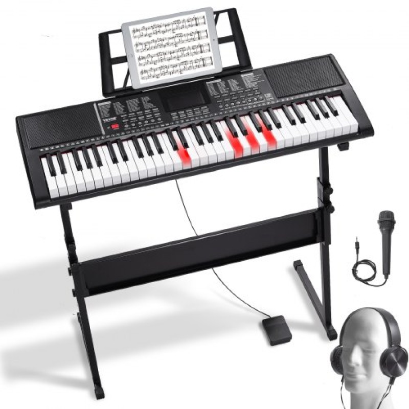 VEVOR 61 Key Digital Keyboard Piano, Φωτιζόμενα Πλήκτρα, Ηλεκτρικό Φορητό Πιάνο με Ρυθμιζόμενη Βάση 600 Tones 500 Rhythms Ενσωματωμένα ηχεία Sustain Pedal Ακουστικά, USB MIDI για αρχάριους
