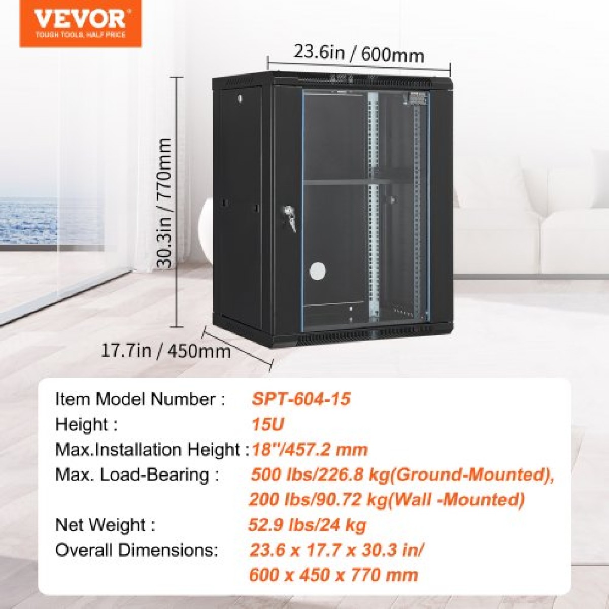 VEVOR 15U επιτοίχια βάση δικτυακού καμπίνας διακομιστή ντουλαπιού 45,7 cm Κλειδαριά γυάλινης πόρτας