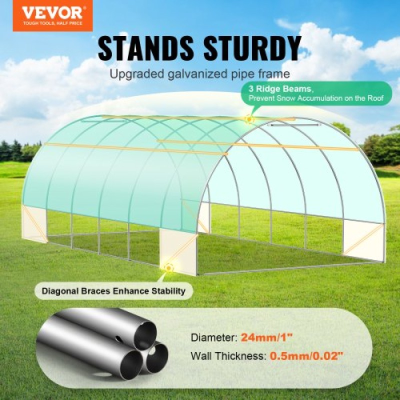 Θερμοκήπιο VEVOR Walk-in Tunnel, σήραγγα θερμοκηπίου Hoop House 19,4x9,7x6,5 ft, Hot House με σκελετό από γαλβανισμένο χάλυβα, πράσινο κάλυμμα PE, πόρτα με φερμουάρ και 12 παράθυρα για εξωτερικούς χώρους