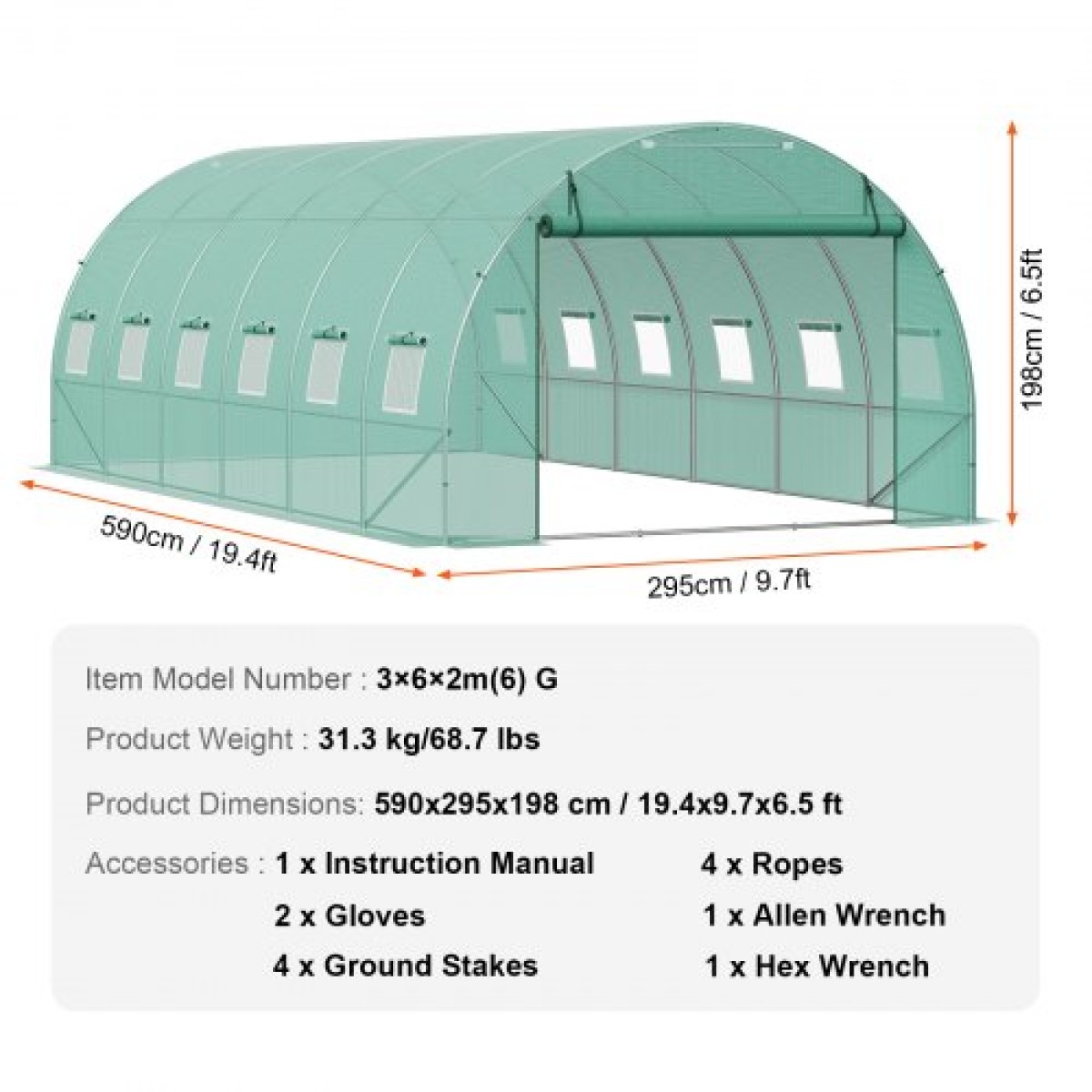 Θερμοκήπιο VEVOR Walk-in Tunnel, σήραγγα θερμοκηπίου Hoop House 19,4x9,7x6,5 ft, Hot House με σκελετό από γαλβανισμένο χάλυβα, πράσινο κάλυμμα PE, πόρτα με φερμουάρ και 12 παράθυρα για εξωτερικούς χώρους