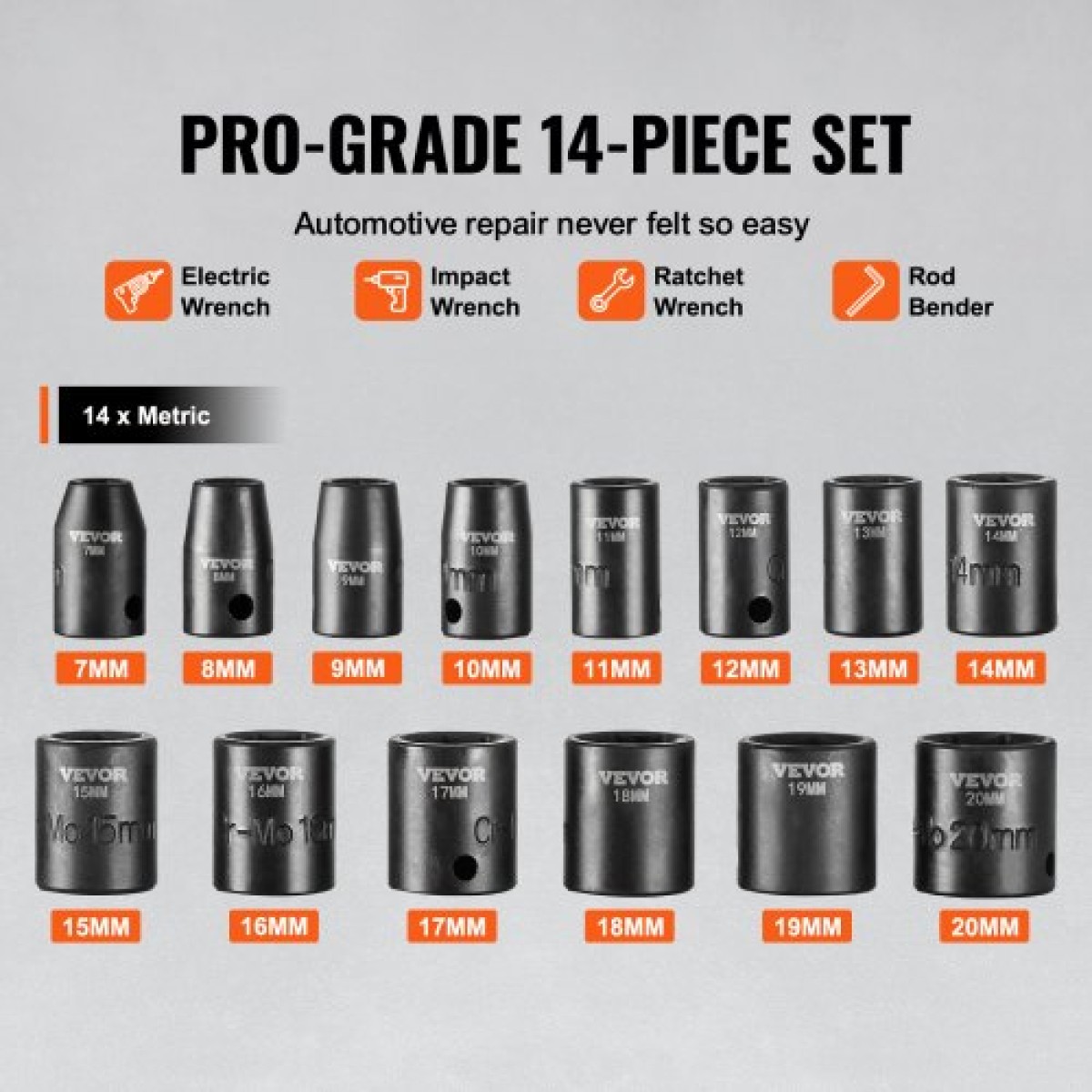 VEVOR 3/8" Drive Impact Socket Set, 14 Piece Shallow Socket Set Metric 7-20mm, 6 Point Cr-Mo Alloy Steel for Auto Repair, Ευανάγνωστα σημάδια μεγέθους, στιβαρή κατασκευή, περιλαμβάνει θήκη αποθήκευσης
