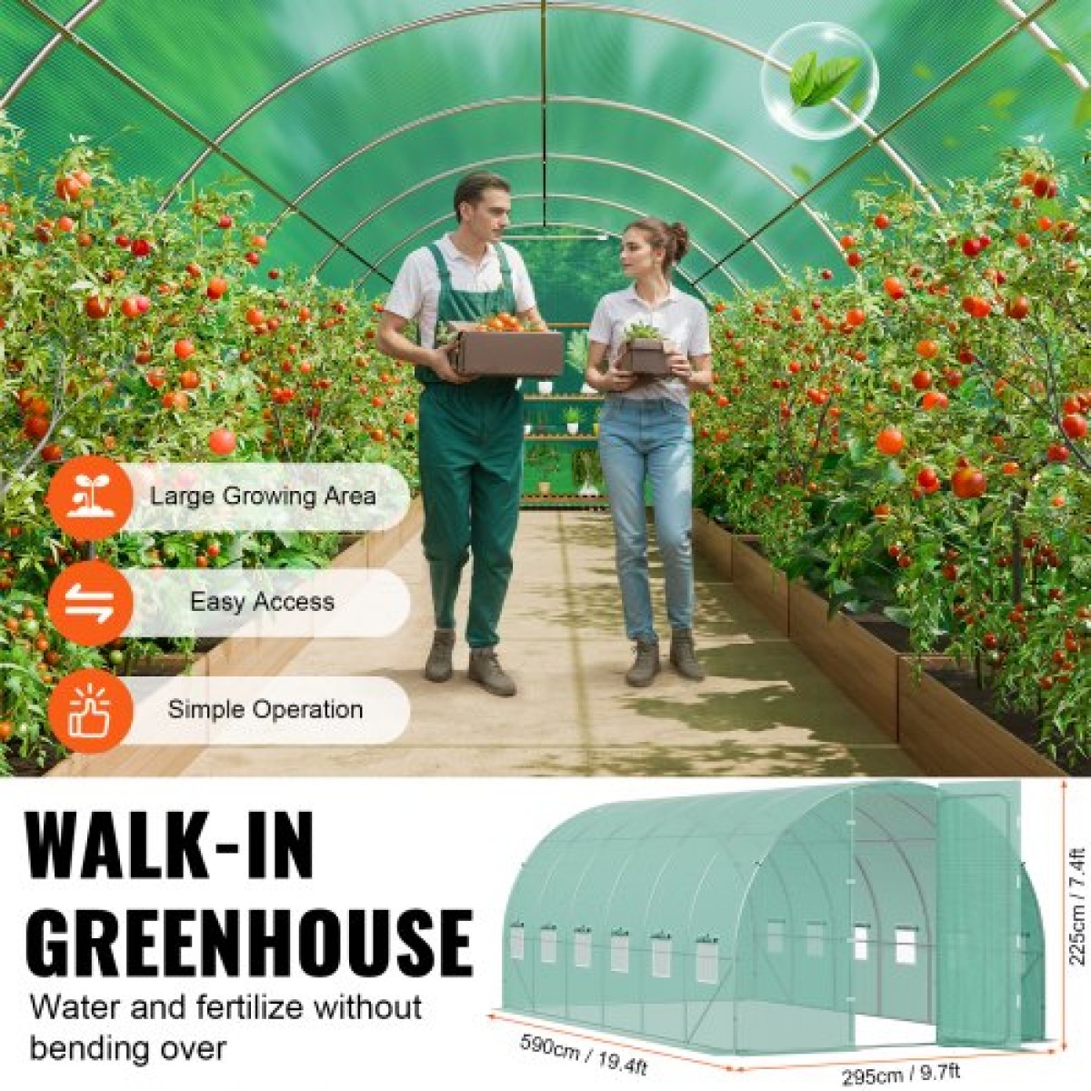 Θερμοκήπιο VEVOR Walk-in Tunnel, 19,4x9,7x7,4 ft Σήραγγα Θερμοκηπίου Hoop House, Plant Hot House με πλαίσιο από γαλβανισμένο χάλυβα, πράσινο κάλυμμα PE, αιωρούμενη πόρτα και 12 αναδιπλούμενα παράθυρα για εξωτερικούς χώρους
