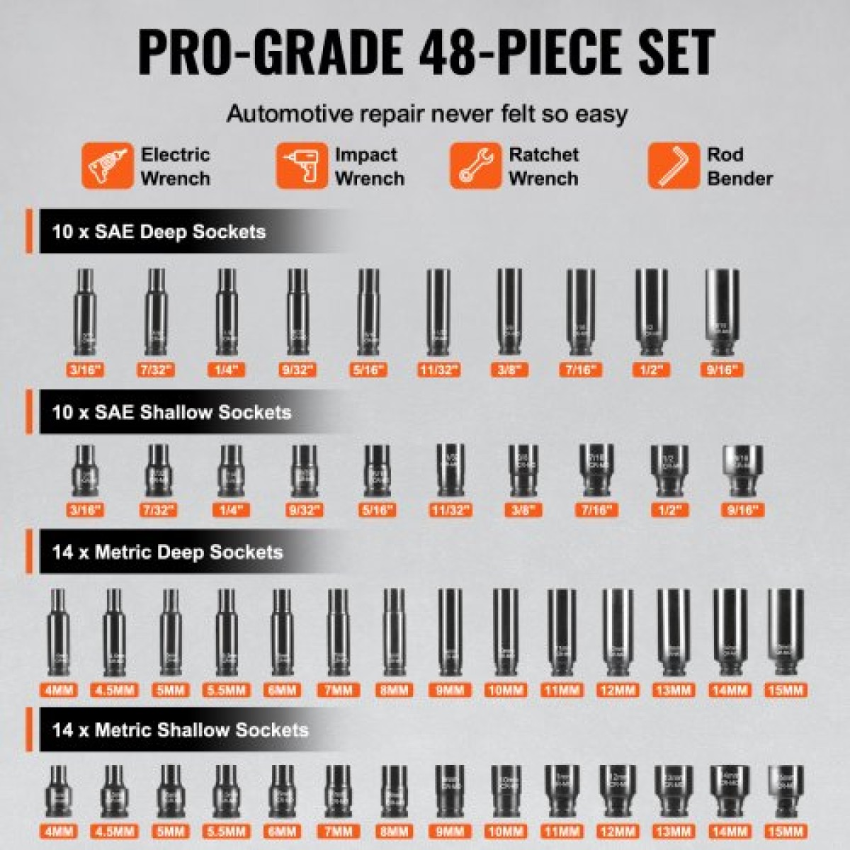 VEVOR 1/4" Drive Impact Socket Set, 48 Piece Deep & Shallow Socket Set SAE 3/16"-9/16" and Metric 4-15mm, 6 Point Cr-Mo Alloy Steel for Auto Repair, Εύκολα στην ανάγνωση ενδείξεις μεγέθους, θήκη αποθήκευσης