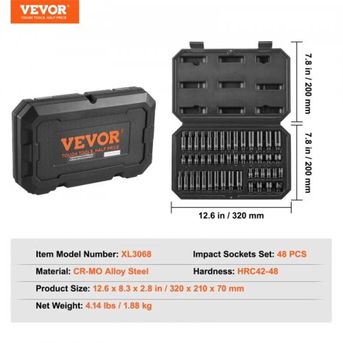 VEVOR 1/4" Drive Impact Socket Set, 48 Piece Deep & Shallow Socket Set SAE 3/16"-9/16" and Metric 4-15mm, 6 Point Cr-Mo Alloy Steel for Auto Repair, Εύκολα στην ανάγνωση ενδείξεις μεγέθους, θήκη αποθήκευσης