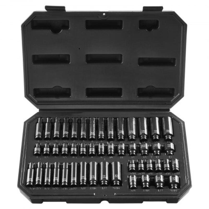 VEVOR 1/4" Drive Impact Socket Set, 48 Piece Deep & Shallow Socket Set SAE 3/16"-9/16" and Metric 4-15mm, 6 Point Cr-Mo Alloy Steel for Auto Repair, Εύκολα στην ανάγνωση ενδείξεις μεγέθους, θήκη αποθήκευσης