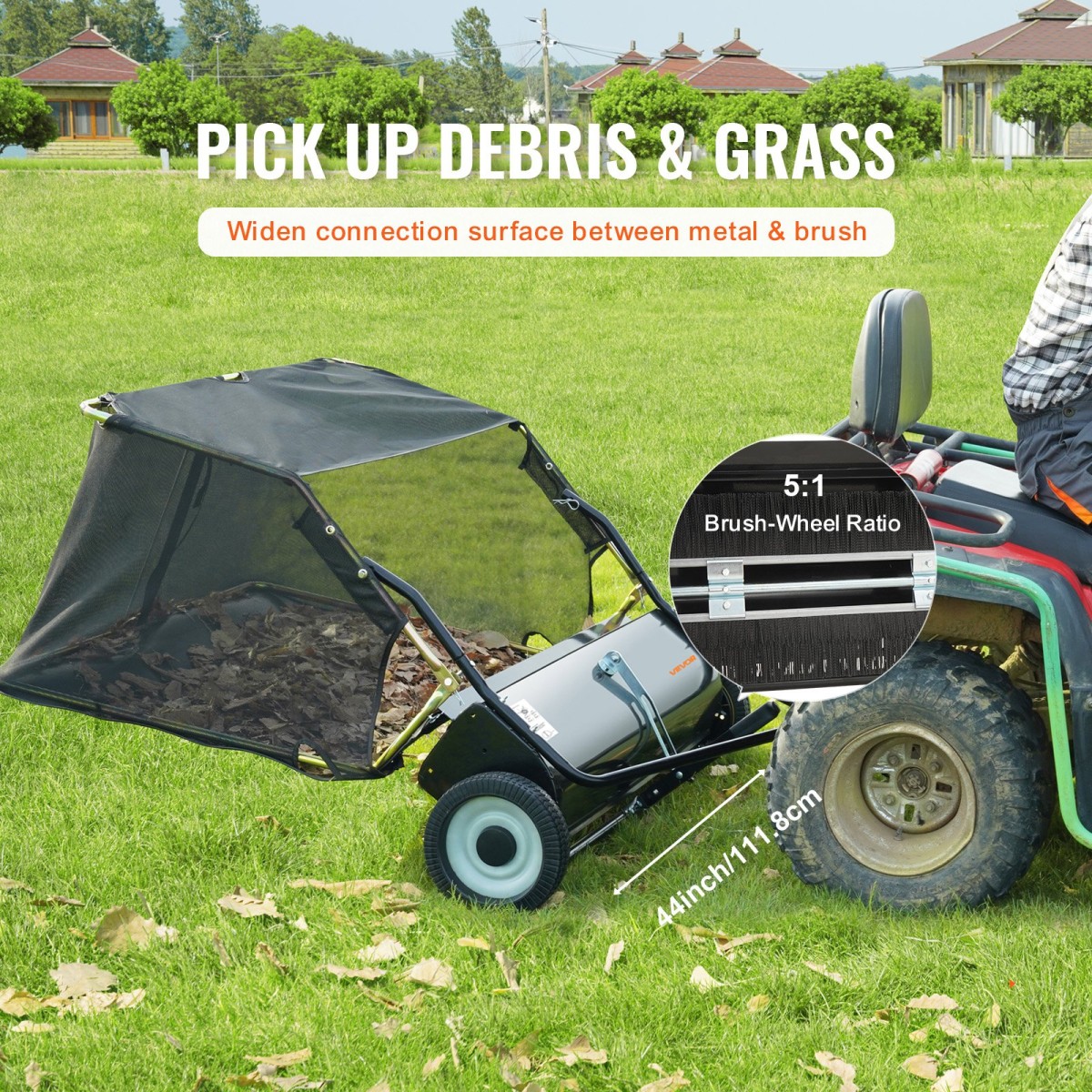 Σάρωθρο γκαζόν VEVOR Tow Behind, 111,7 cm Pull Behind Lawn Sweeper, 25 cu.ft Συλλέκτης φύλλων και γρασιδιού μεγάλης χωρητικότητας, βαρέως τύπου σάρωθρο κήπου με ρυθμιζόμενο ύψος σάρωσης για αυλή, γκαζόν, αγρόκτημα