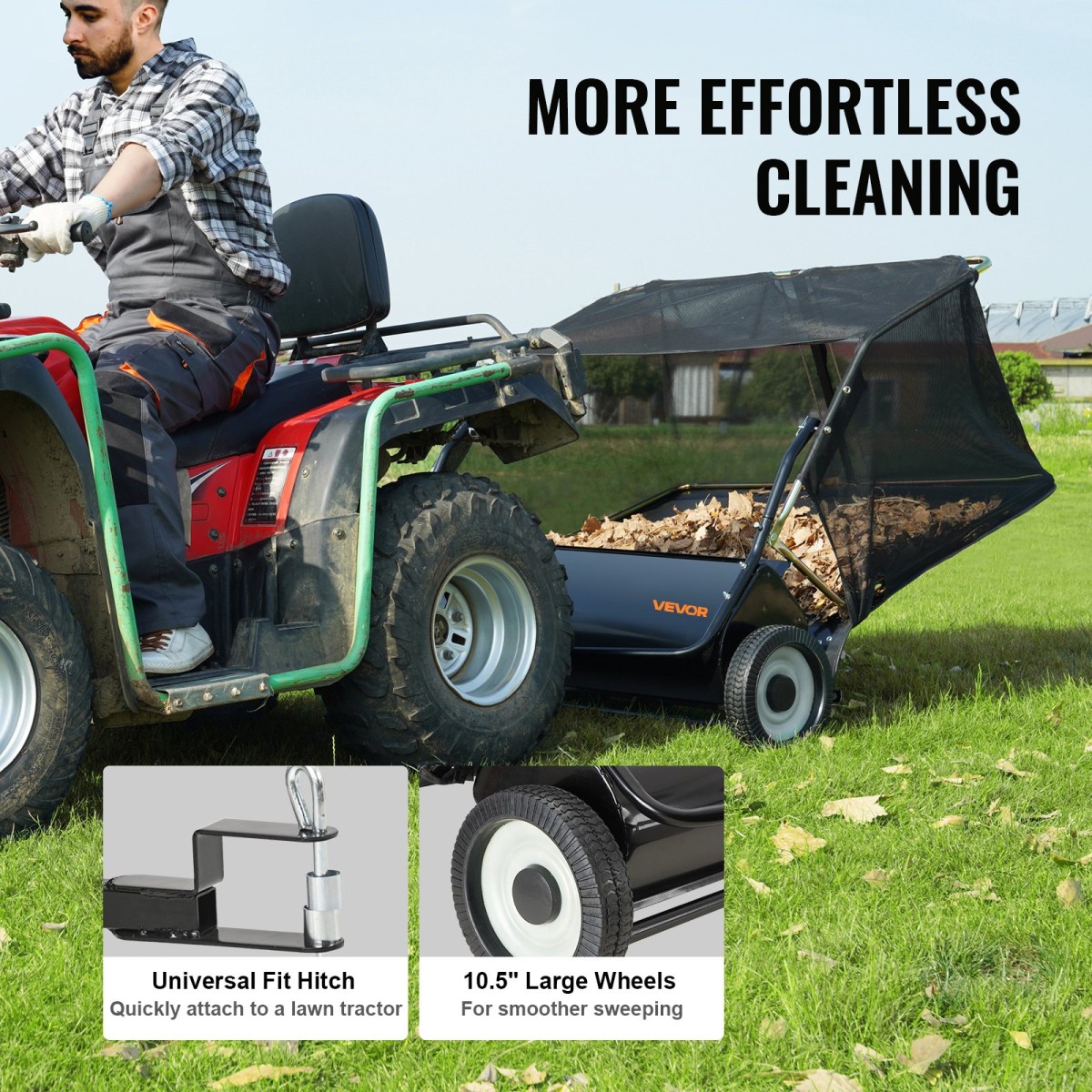 Σάρωθρο γκαζόν VEVOR Tow Behind, 111,7 cm Pull Behind Lawn Sweeper, 25 cu.ft Συλλέκτης φύλλων και γρασιδιού μεγάλης χωρητικότητας, βαρέως τύπου σάρωθρο κήπου με ρυθμιζόμενο ύψος σάρωσης για αυλή, γκαζόν, αγρόκτημα