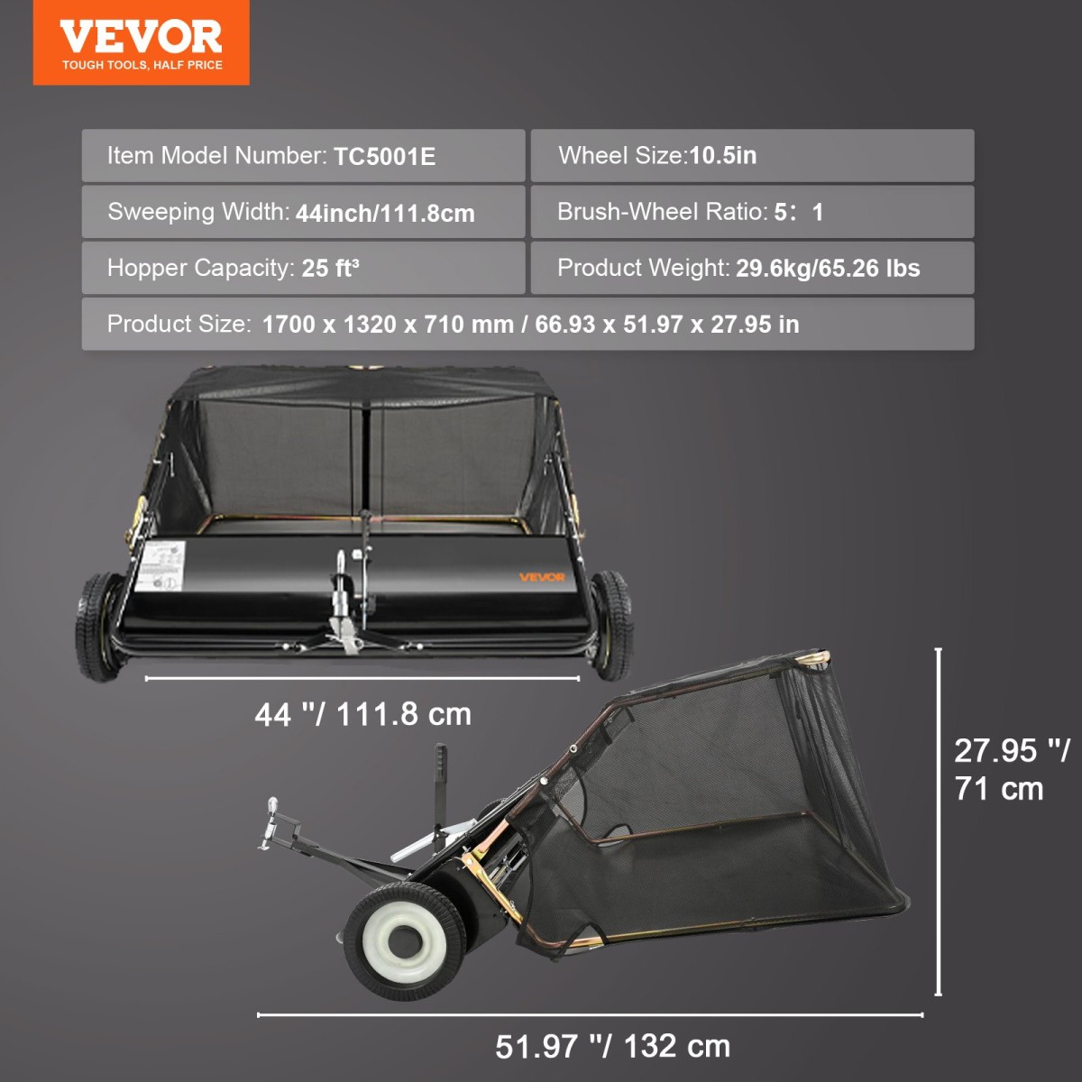 Σάρωθρο γκαζόν VEVOR Tow Behind, 111,7 cm Pull Behind Lawn Sweeper, 25 cu.ft Συλλέκτης φύλλων και γρασιδιού μεγάλης χωρητικότητας, βαρέως τύπου σάρωθρο κήπου με ρυθμιζόμενο ύψος σάρωσης για αυλή, γκαζόν, αγρόκτημα
