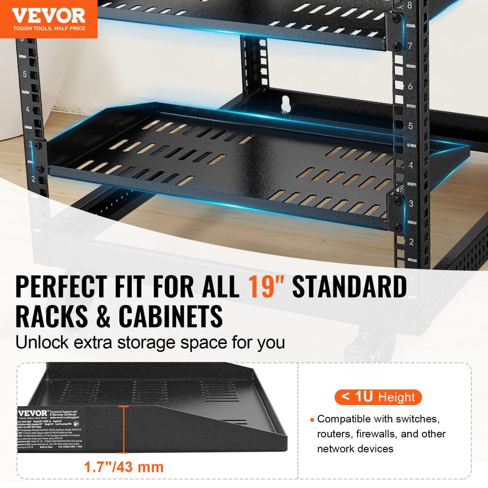 Ράφι ραφιών διακομιστή VEVOR 2PCS 1U, 10"/254 mm Βάθος, 23 kg / 50 lbs Μέγιστη χωρητικότητα φορτίου Αεριζόμενο πρόβολο ή ράφι τοίχου ράφι βάσης με δίσκο, καλή κυκλοφορία αέρα για 482,6 mm/19" Ντουλάπι δικτύου ή ράφι εξοπλισμού