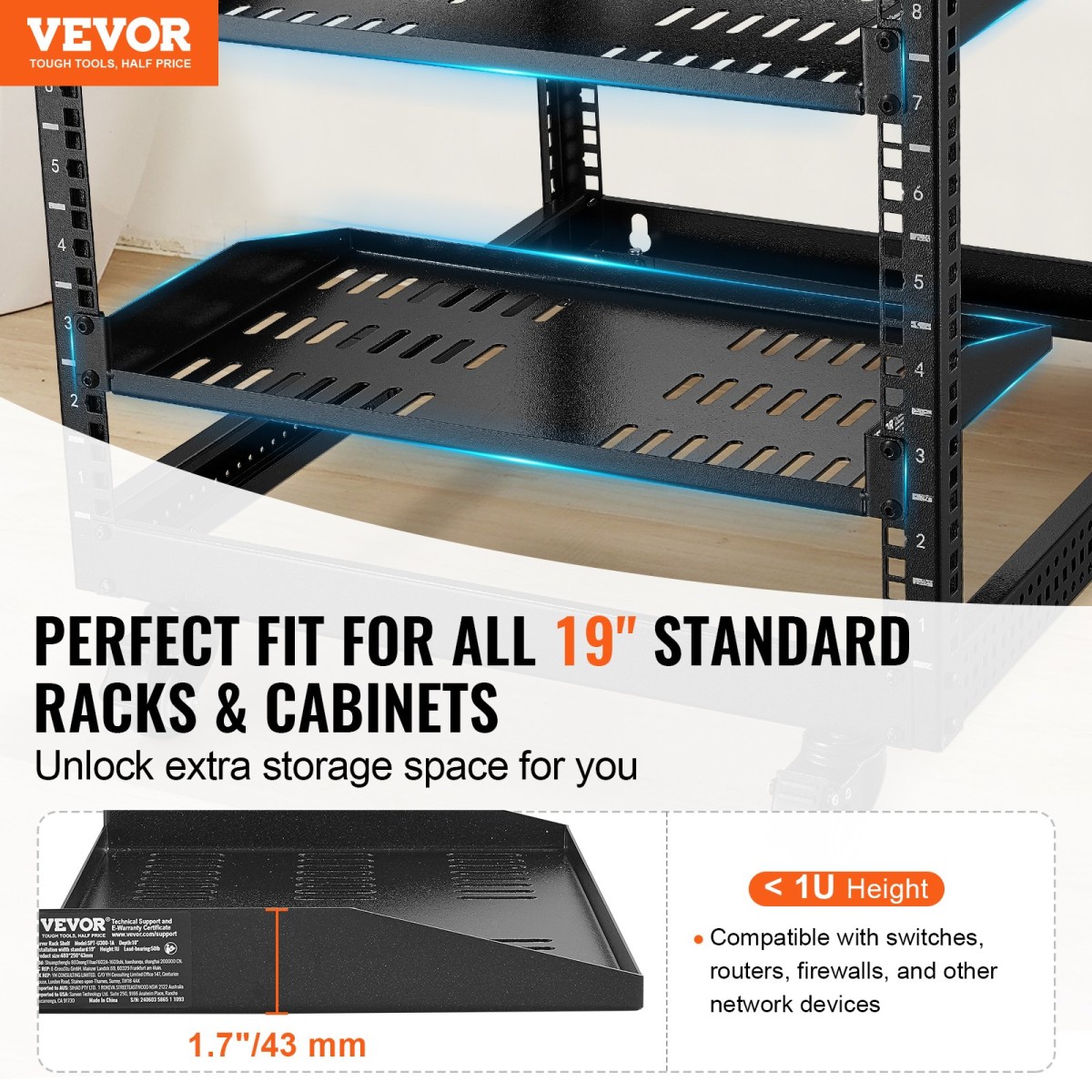 Ράφι ραφιών διακομιστή VEVOR 2PCS 1U, 10"/254 mm Βάθος, 23 kg / 50 lbs Μέγιστη χωρητικότητα φορτίου Αεριζόμενο πρόβολο ή ράφι τοίχου ράφι βάσης με δίσκο, καλή κυκλοφορία αέρα για 482,6 mm/19" Ντουλάπι δικτύου ή ράφι εξοπλισμού