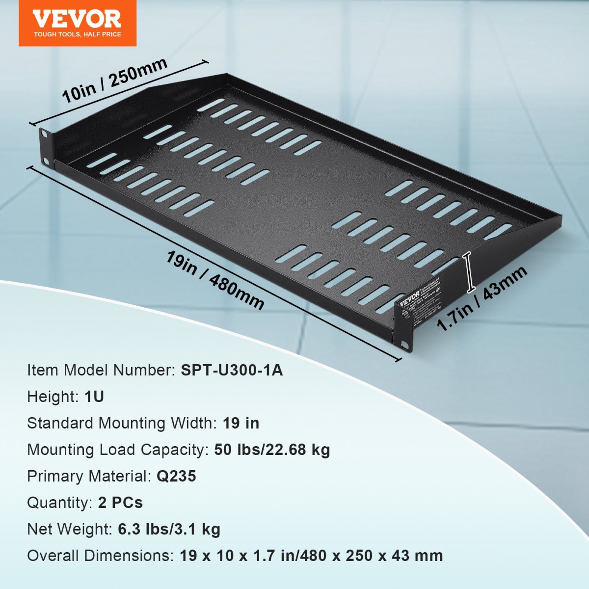 Ράφι ραφιών διακομιστή VEVOR 2PCS 1U, 10"/254 mm Βάθος, 23 kg / 50 lbs Μέγιστη χωρητικότητα φορτίου Αεριζόμενο πρόβολο ή ράφι τοίχου ράφι βάσης με δίσκο, καλή κυκλοφορία αέρα για 482,6 mm/19" Ντουλάπι δικτύου ή ράφι εξοπλισμού