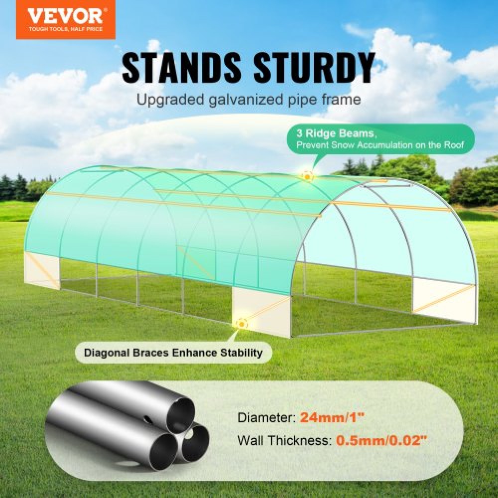 Θερμοκήπιο VEVOR Walk-in Tunnel, σήραγγα θερμοκηπίου Hoop House 29,2x9,7x6,5 ft, Hot House με σκελετό από γαλβανισμένο χάλυβα, πράσινο κάλυμμα PE, πόρτα με φερμουάρ και 12 παράθυρα για εξωτερικούς χώρους