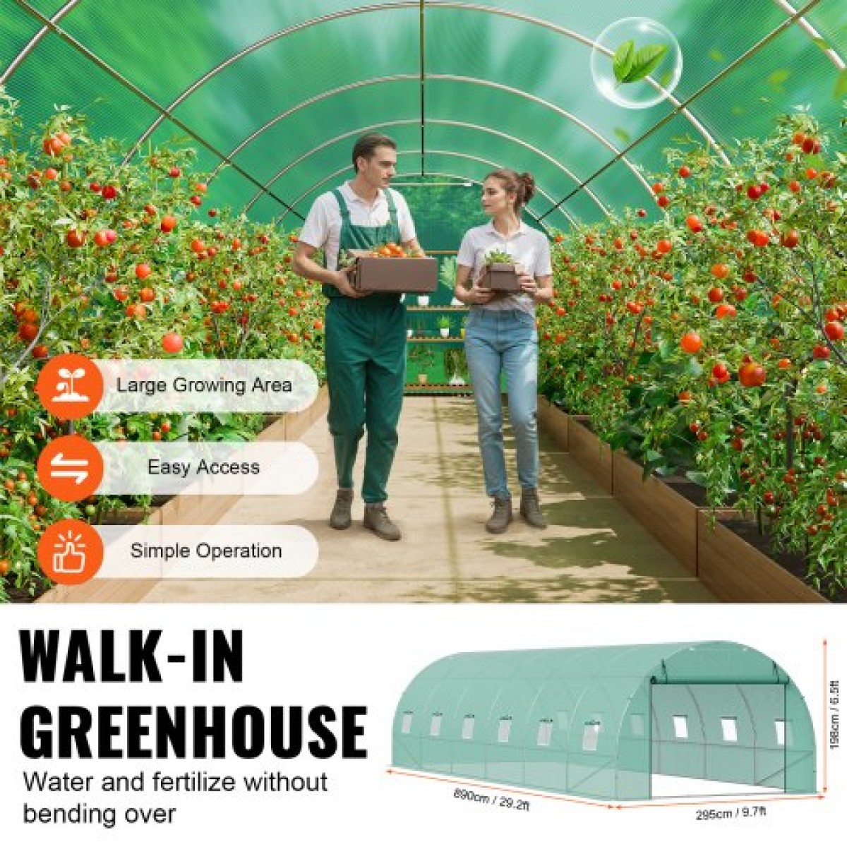 Θερμοκήπιο VEVOR Walk-in Tunnel, σήραγγα θερμοκηπίου Hoop House 29,2x9,7x6,5 ft, Hot House με σκελετό από γαλβανισμένο χάλυβα, πράσινο κάλυμμα PE, πόρτα με φερμουάρ και 12 παράθυρα για εξωτερικούς χώρους