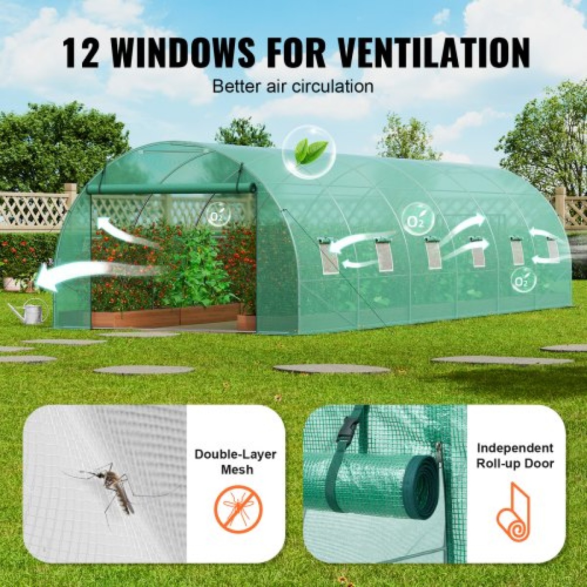 Θερμοκήπιο VEVOR Walk-in Tunnel, σήραγγα θερμοκηπίου Hoop House 29,2x9,7x6,5 ft, Hot House με σκελετό από γαλβανισμένο χάλυβα, πράσινο κάλυμμα PE, πόρτα με φερμουάρ και 12 παράθυρα για εξωτερικούς χώρους