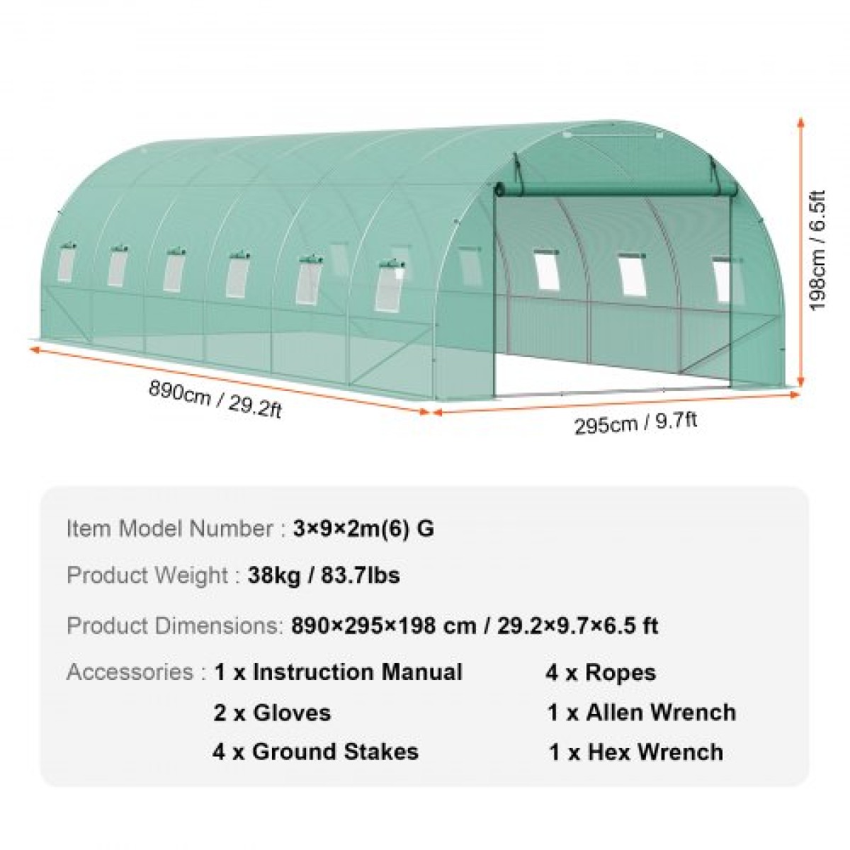 Θερμοκήπιο VEVOR Walk-in Tunnel, σήραγγα θερμοκηπίου Hoop House 29,2x9,7x6,5 ft, Hot House με σκελετό από γαλβανισμένο χάλυβα, πράσινο κάλυμμα PE, πόρτα με φερμουάρ και 12 παράθυρα για εξωτερικούς χώρους