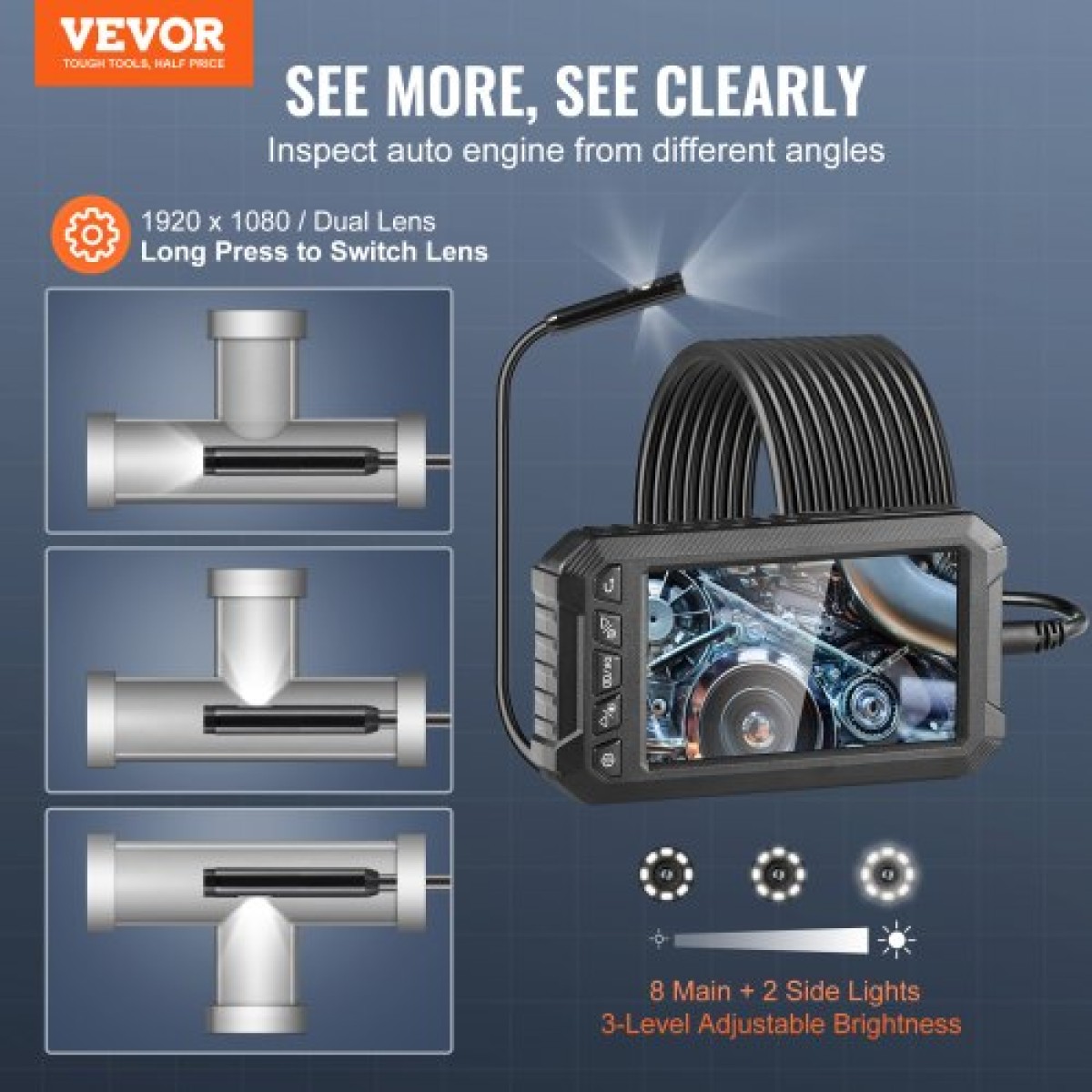 VEVOR Endoscope Camera with Lights Triple Lens Borescope 499,9 cm Καλώδιο 12,7 cm Οθόνη