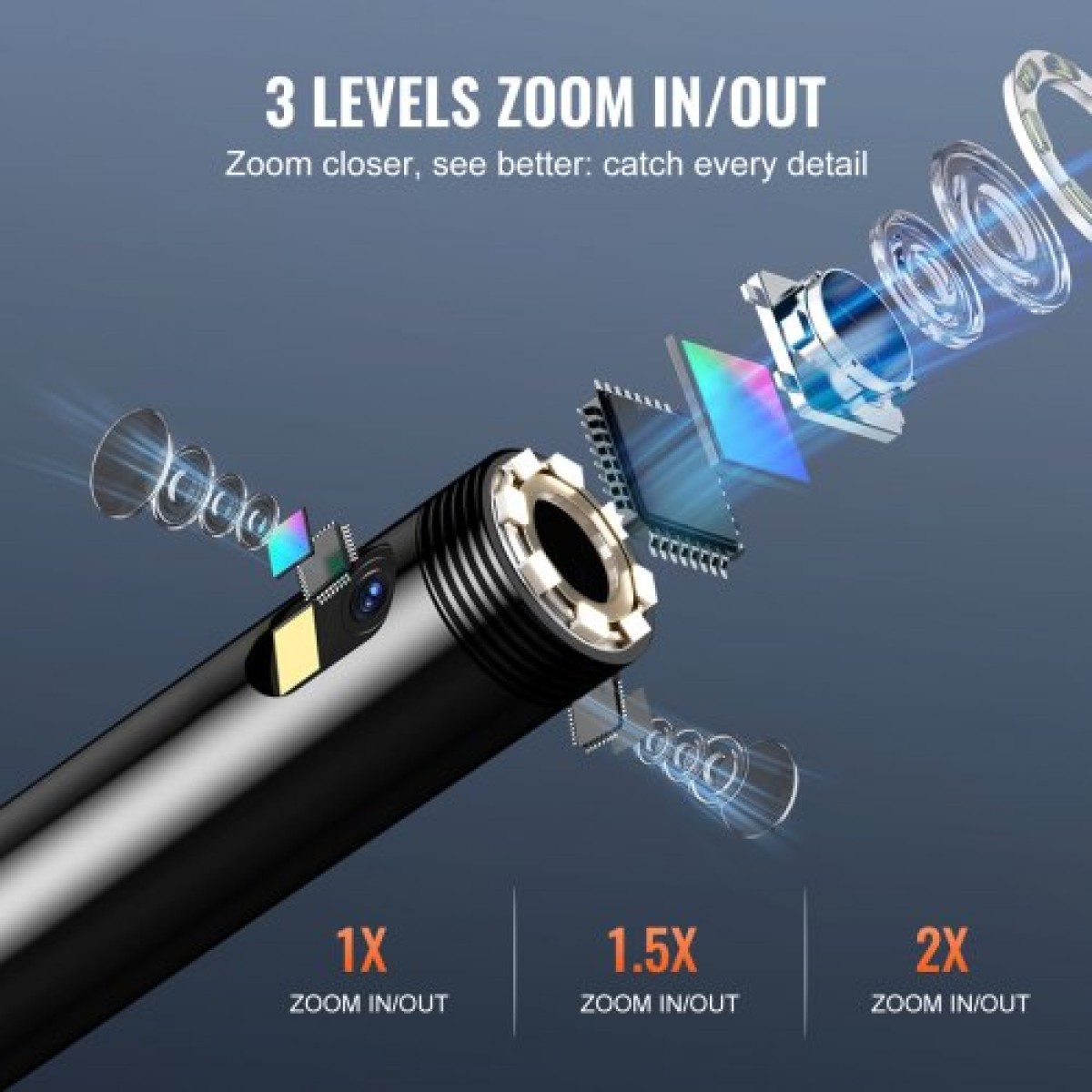 VEVOR Endoscope Camera with Lights Triple Lens Borescope 499,9 cm Καλώδιο 12,7 cm Οθόνη