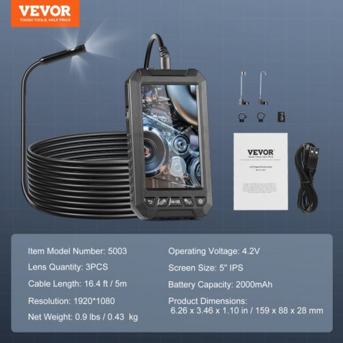VEVOR Endoscope Camera with Lights Triple Lens Borescope 499,9 cm Καλώδιο 12,7 cm Οθόνη