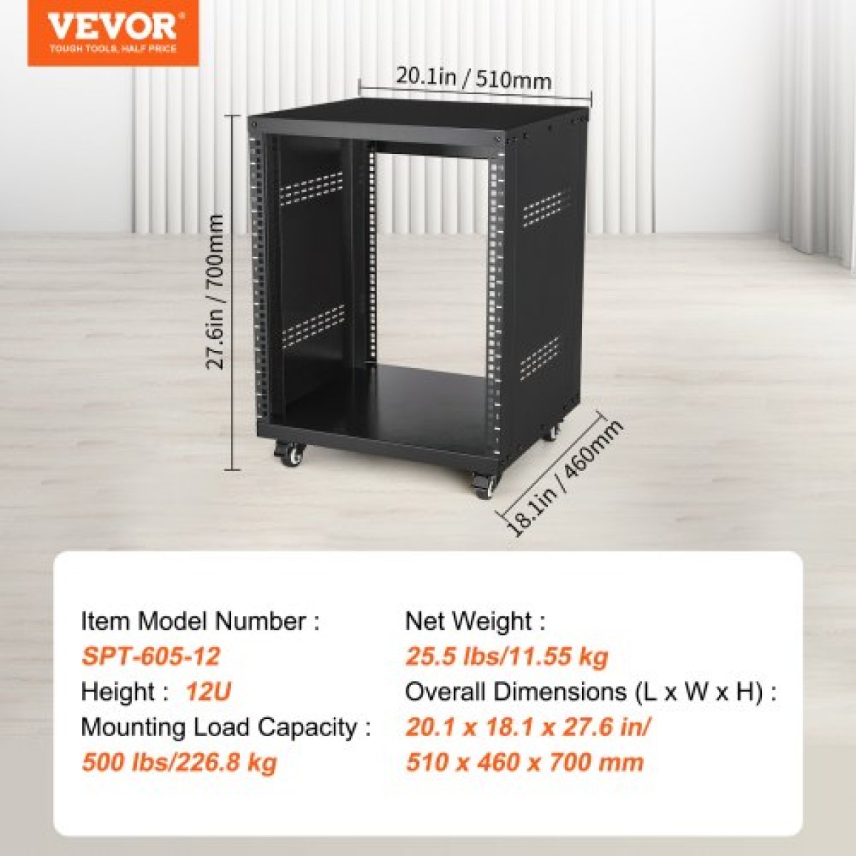 VEVOR 12U AV Rack Stand 226,8 kg Χωρητικότητα Δικτύου Stereo Recording Studio Rack 510x460x700mm