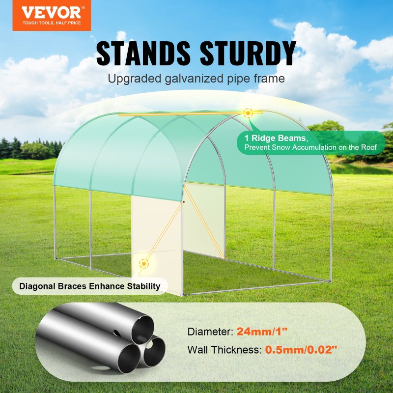 Θερμοκήπιο VEVOR Walk-in Tunnel, σήραγγα θερμοκηπίου Hoop House 11,3x6,4x6,3 ft, Hot House με πλαίσιο από γαλβανισμένο χάλυβα, πράσινο κάλυμμα PE, πόρτα με φερμουάρ και 6 παράθυρα για εξωτερικούς χώρους