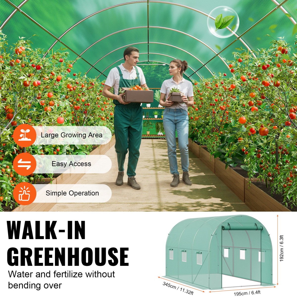 Θερμοκήπιο VEVOR Walk-in Tunnel, σήραγγα θερμοκηπίου Hoop House 11,3x6,4x6,3 ft, Hot House με πλαίσιο από γαλβανισμένο χάλυβα, πράσινο κάλυμμα PE, πόρτα με φερμουάρ και 6 παράθυρα για εξωτερικούς χώρους