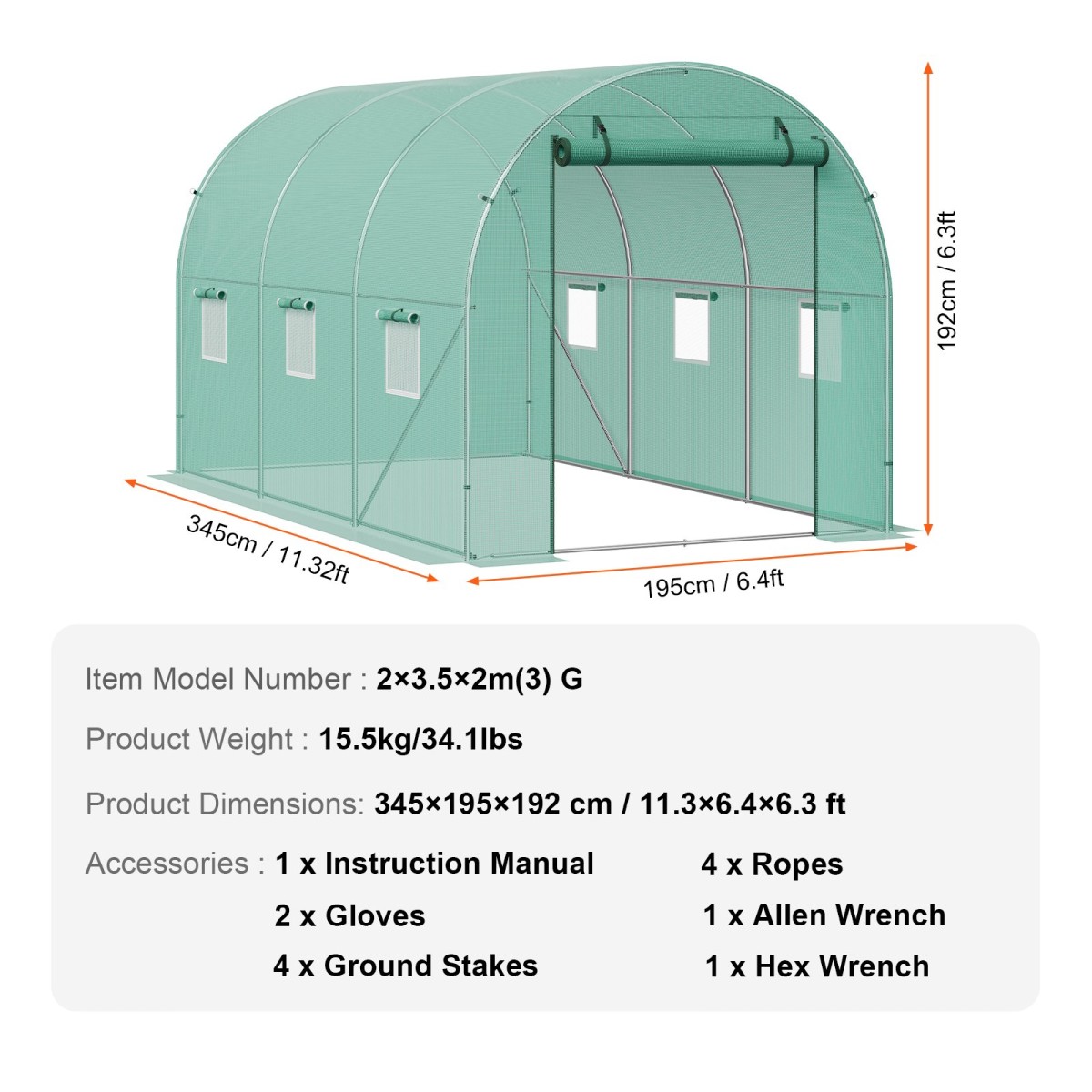 Θερμοκήπιο VEVOR Walk-in Tunnel, σήραγγα θερμοκηπίου Hoop House 11,3x6,4x6,3 ft, Hot House με πλαίσιο από γαλβανισμένο χάλυβα, πράσινο κάλυμμα PE, πόρτα με φερμουάρ και 6 παράθυρα για εξωτερικούς χώρους