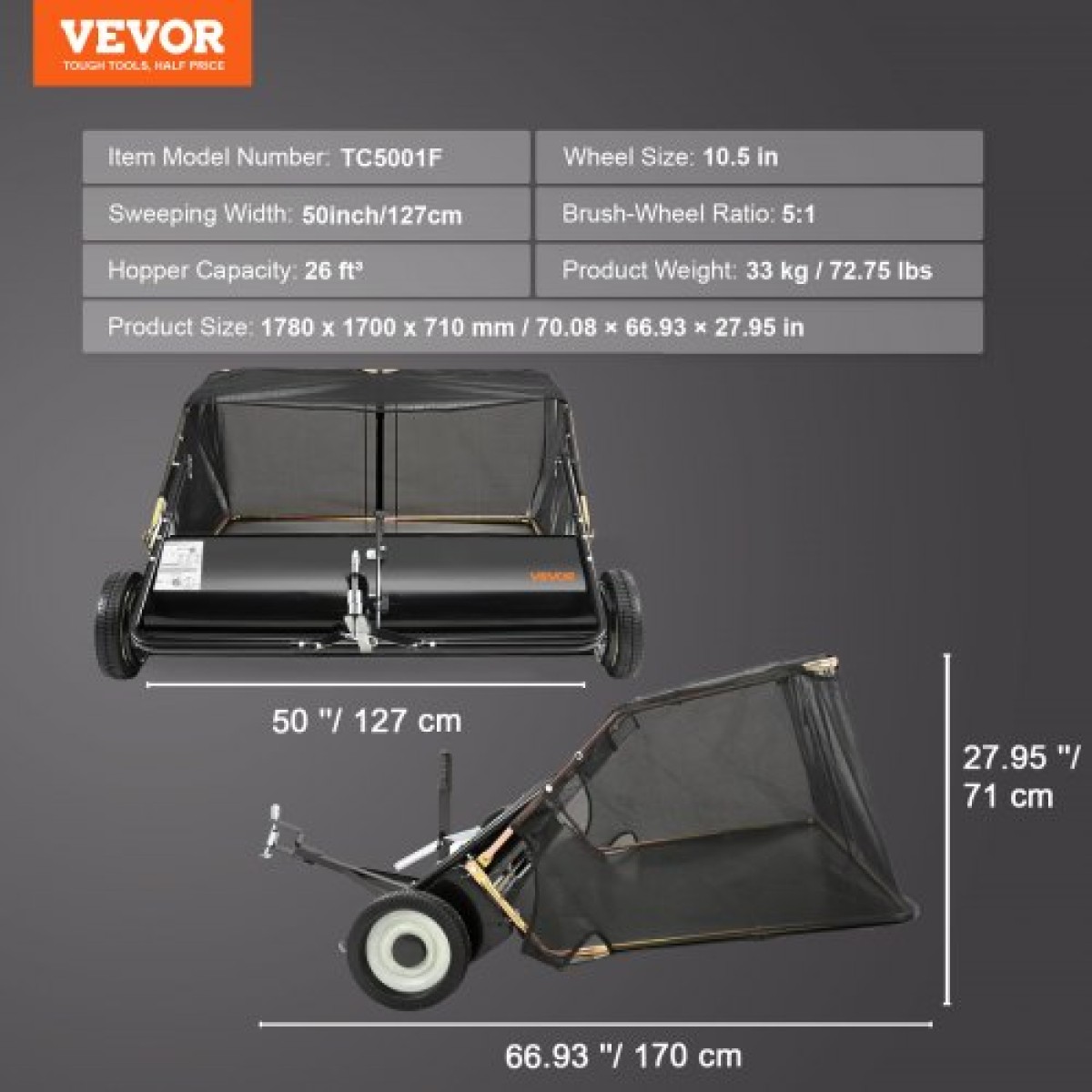 Σάρωθρο γκαζόν VEVOR Tow Behind, 127 cm Pull Behind Lawn Sweeeper, 26 cu.ft Συλλέκτης φύλλων και γρασιδιού μεγάλης χωρητικότητας, βαρέως τύπου σάρωθρο κήπου με ρυθμιζόμενο ύψος σάρωσης για αυλή, γκαζόν, αγρόκτημα