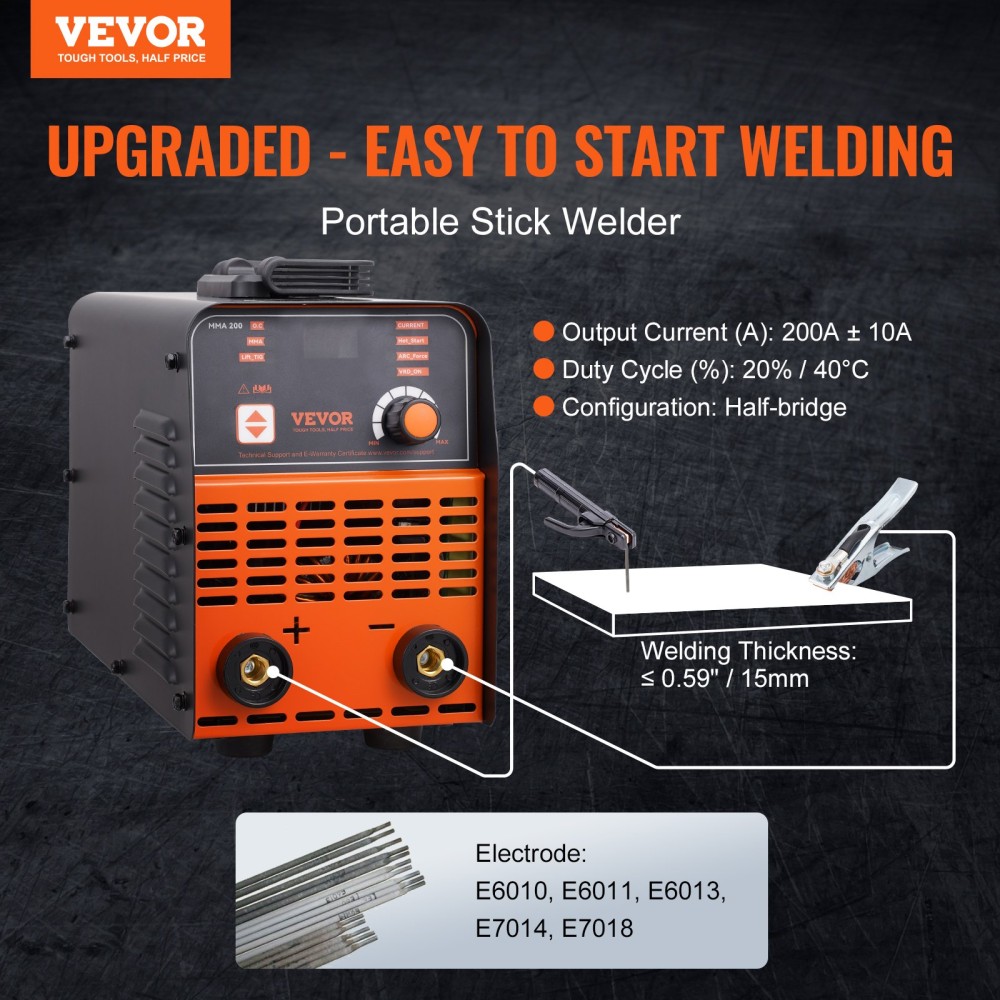 VEVOR 220V Stick Welder, 200A ARC/Lift TIG Welding Machine with Large LED Display, 2-in-1 Portable Stick Welding Machine with Hot Start Arc Force Anti-Stick VRD, MMA ARC Welder Machine