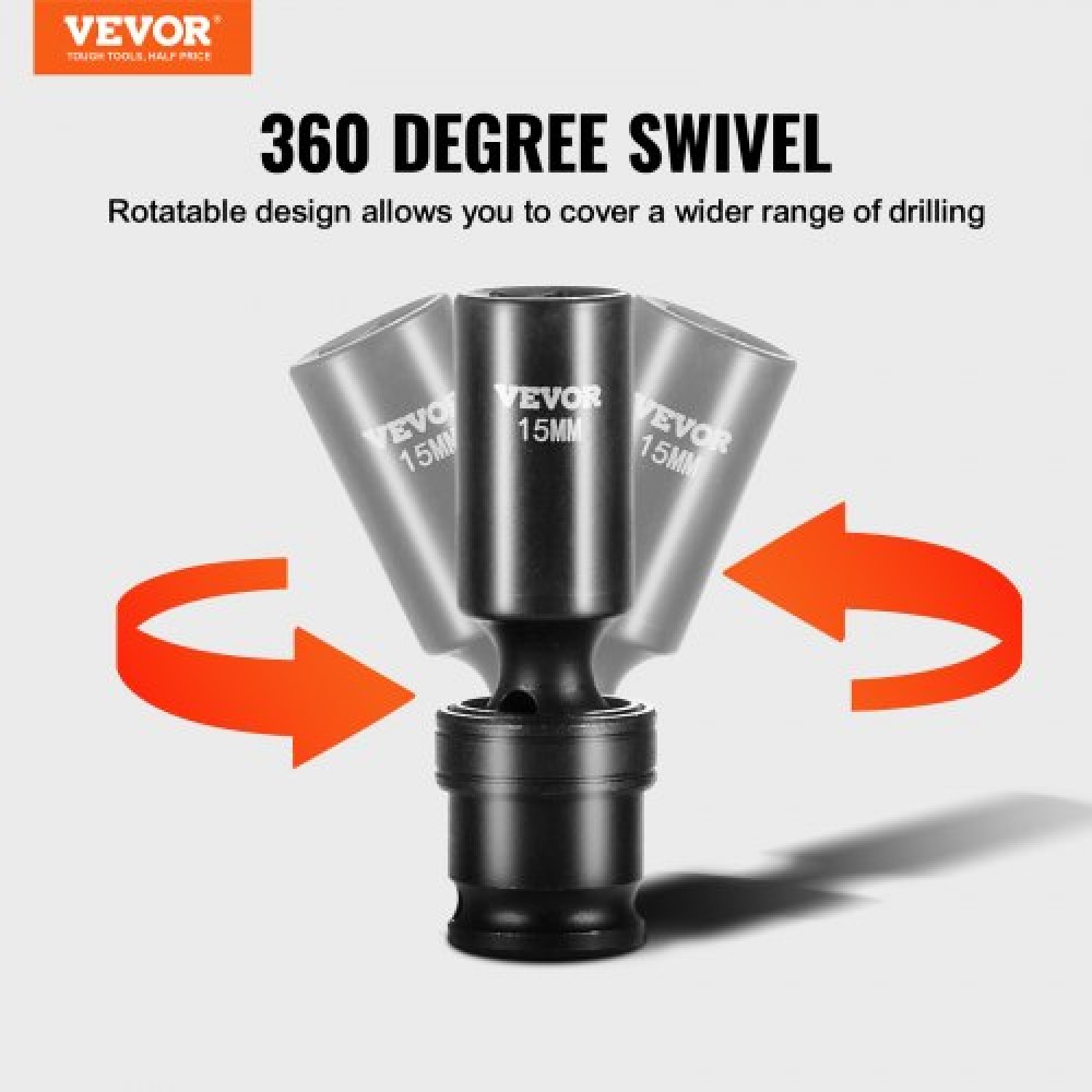 VEVOR 360 Degree Swivel Impact Socket Set, 3/8" Socket Set 14PCS Deep Universal Metric 10-19mm, 6 Point Cr-Mo Alloy Steel for Auto Repair, Ευανάγνωστα σημάδια μεγέθους, στιβαρή κατασκευή, θήκη αποθήκευσης