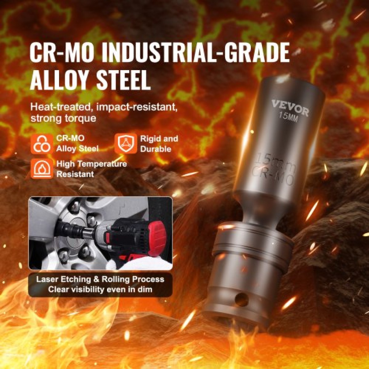 VEVOR 360 Degree Swivel Impact Socket Set, 3/8" Socket Set 14PCS Deep Universal Metric 10-19mm, 6 Point Cr-Mo Alloy Steel for Auto Repair, Ευανάγνωστα σημάδια μεγέθους, στιβαρή κατασκευή, θήκη αποθήκευσης