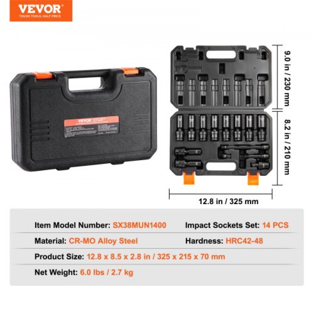 VEVOR 360 Degree Swivel Impact Socket Set, 3/8" Socket Set 14PCS Deep Universal Metric 10-19mm, 6 Point Cr-Mo Alloy Steel for Auto Repair, Ευανάγνωστα σημάδια μεγέθους, στιβαρή κατασκευή, θήκη αποθήκευσης