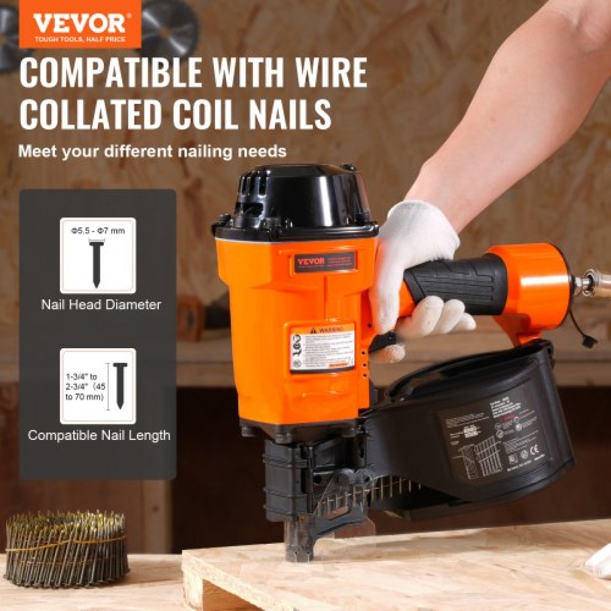 VEVOR Coil Siding Nailer MCN70, 1-3/4" έως 2-3/4" 15 Degree Pneumatic Siding Nail Nailer, 70-120 PSI Air Coil Nailer για παλέτες, κιβώτια, πλαισίωση, επένδυση και περίφραξη