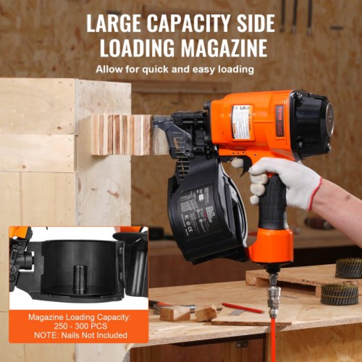 VEVOR Coil Siding Nailer MCN70, 1-3/4" έως 2-3/4" 15 Degree Pneumatic Siding Nail Nailer, 70-120 PSI Air Coil Nailer για παλέτες, κιβώτια, πλαισίωση, επένδυση και περίφραξη