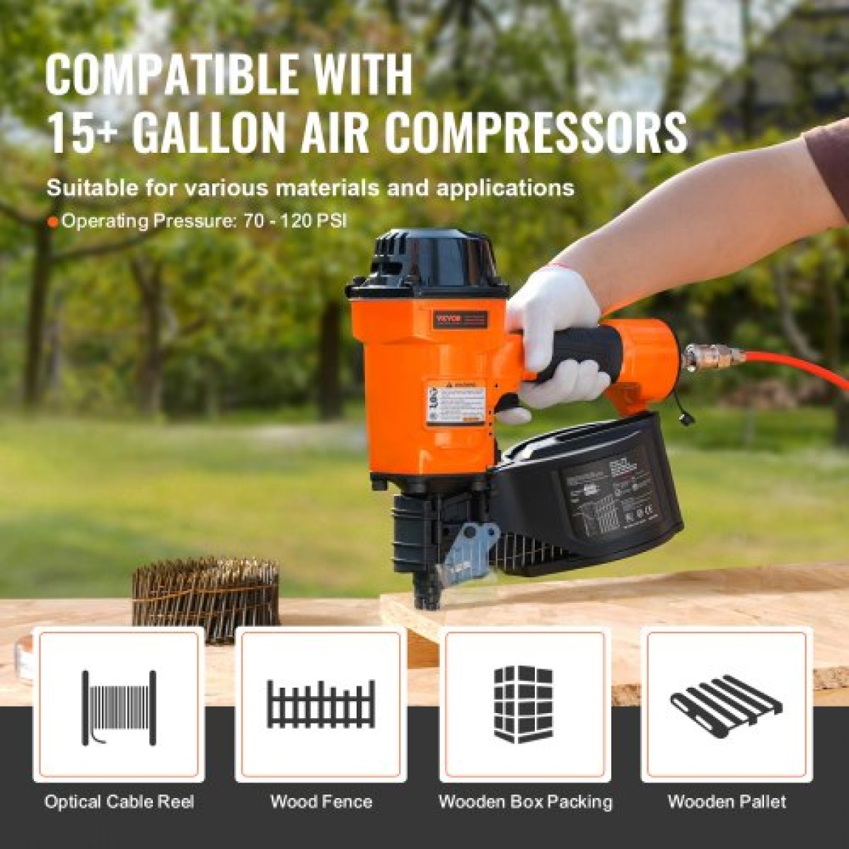 VEVOR Coil Siding Nailer MCN70, 1-3/4" έως 2-3/4" 15 Degree Pneumatic Siding Nail Nailer, 70-120 PSI Air Coil Nailer για παλέτες, κιβώτια, πλαισίωση, επένδυση και περίφραξη
