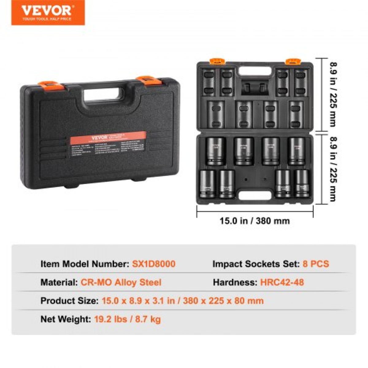 VEVOR Impact Sockets Σετ 8 τμχ Θήκη κιτ εργαλείων καστάνιας κίνησης 6 σημείων 2,5 cm