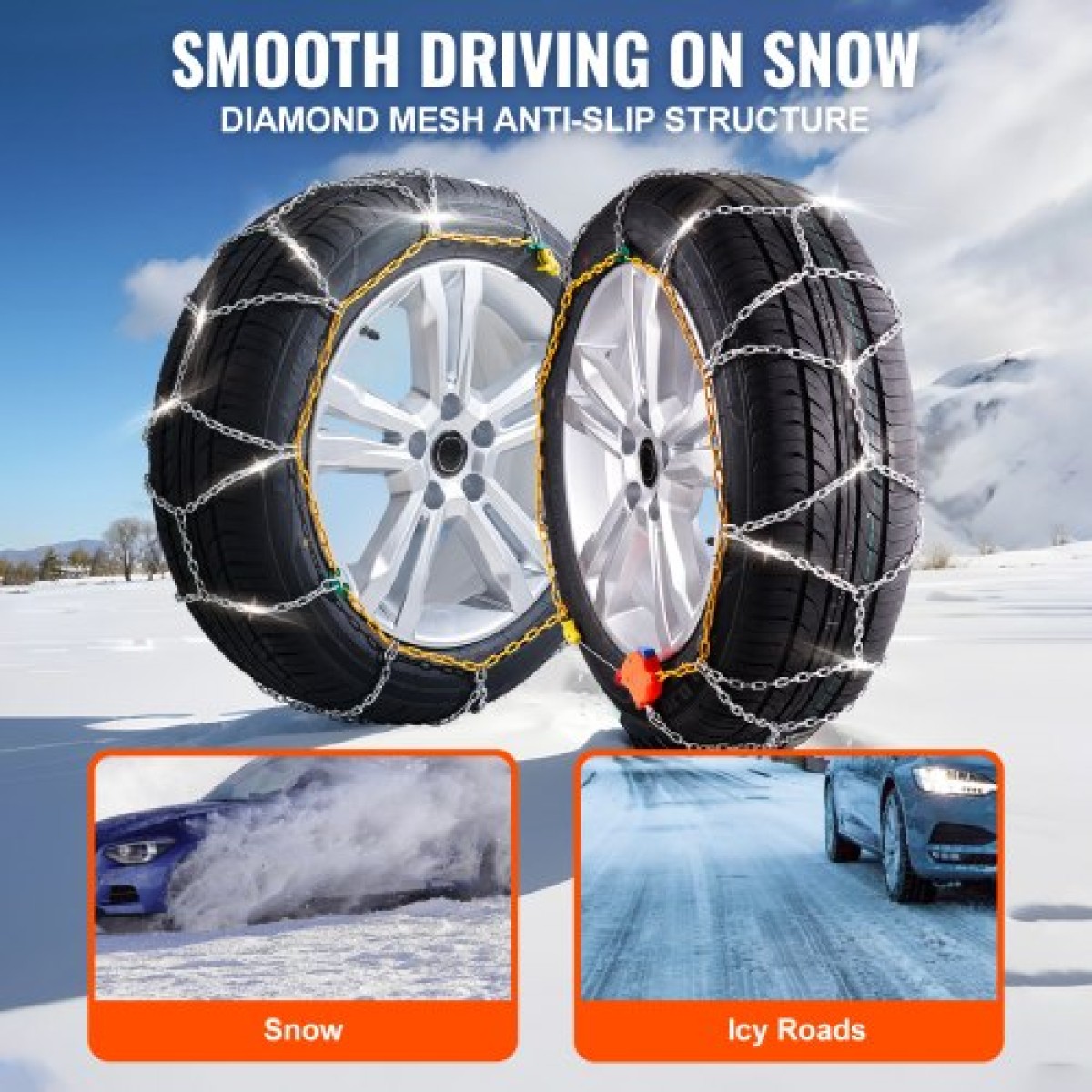 Αλυσίδες ελαστικών VEVOR Snow, Αλυσίδες ελαστικών έκτακτης ανάγκης από κράμα μαγγανίου, αλυσίδες χιονιού ελαστικών για αυτοκίνητα, pickups, SUV και φορτηγά, Ασημί, Σετ 2