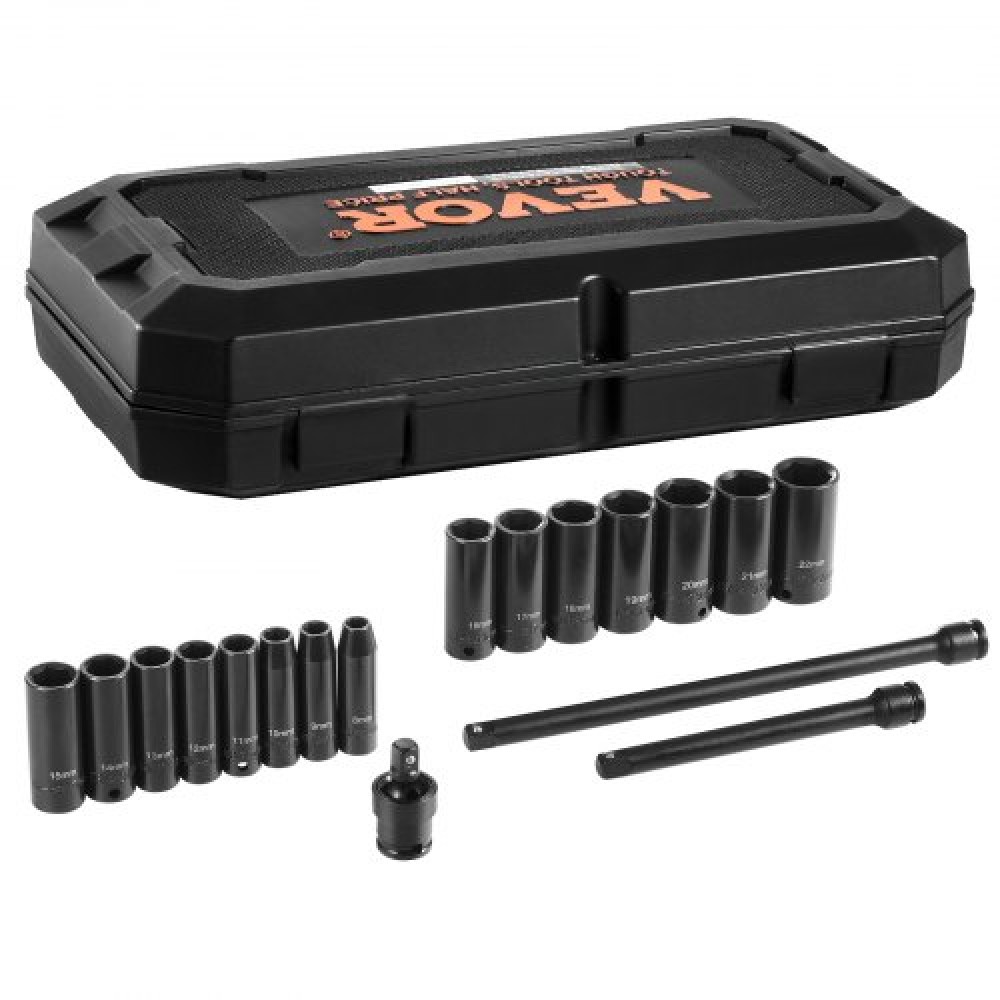 VEVOR 3/8" Drive Impact Socket Set, 18 Piece Deep Socket Set Metric 8-22mm, 6 Point CR-V Alloy Steel for Auto Repair, Ευανάγνωστα σημάδια μεγέθους, στιβαρή κατασκευή, περιλαμβάνει θήκη αποθήκευσης