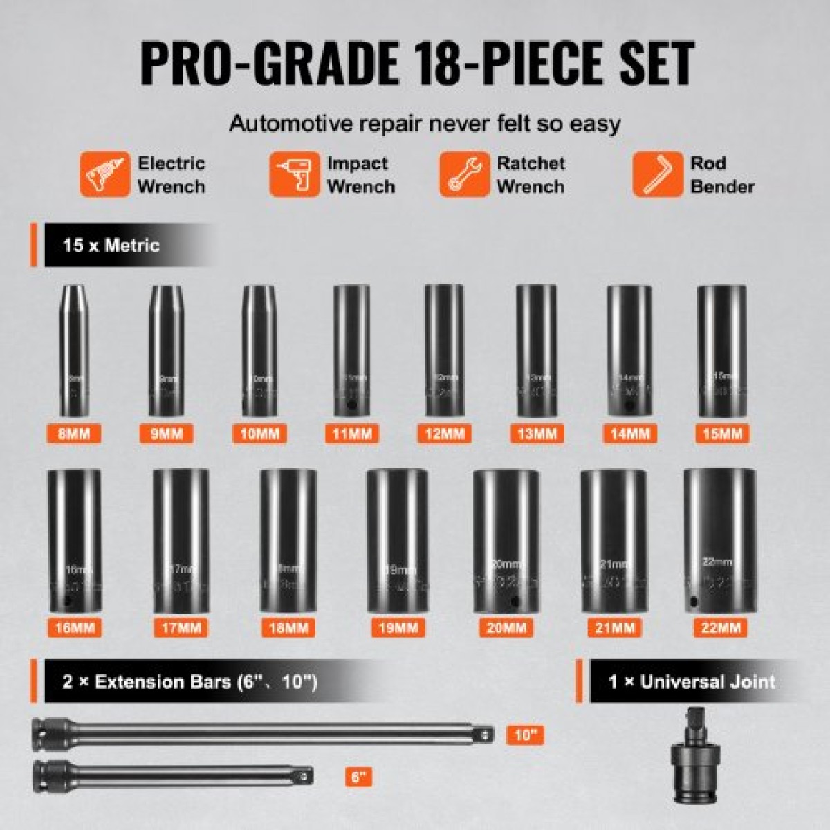 VEVOR 3/8" Drive Impact Socket Set, 18 Piece Deep Socket Set Metric 8-22mm, 6 Point CR-V Alloy Steel for Auto Repair, Ευανάγνωστα σημάδια μεγέθους, στιβαρή κατασκευή, περιλαμβάνει θήκη αποθήκευσης