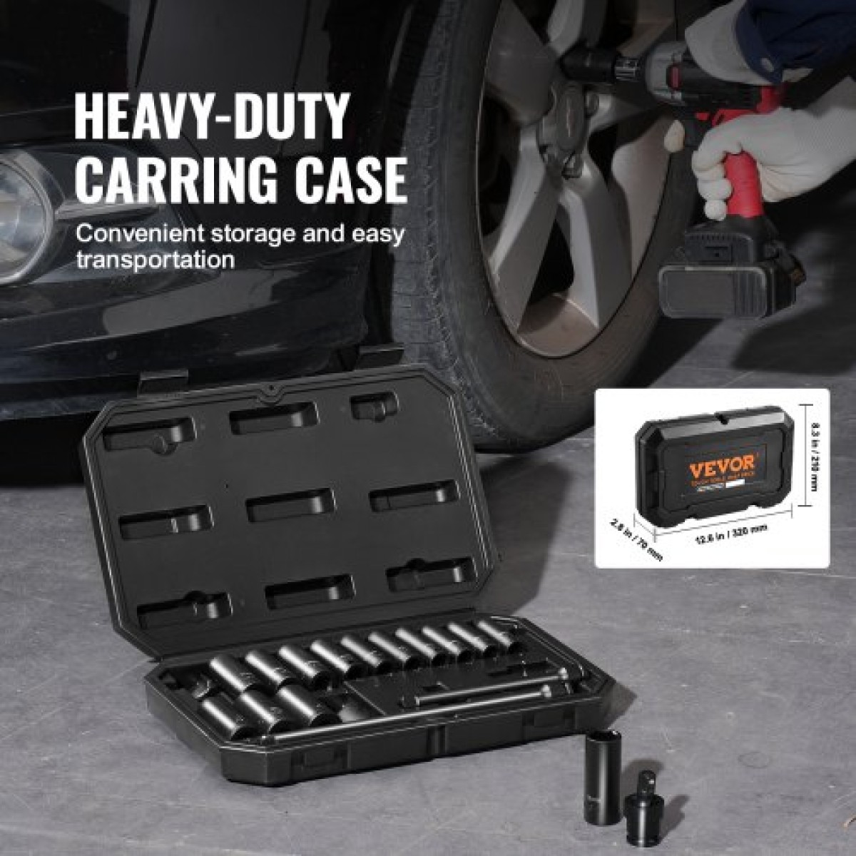VEVOR 3/8" Drive Impact Socket Set, 18 Piece Deep Socket Set Metric 8-22mm, 6 Point CR-V Alloy Steel for Auto Repair, Ευανάγνωστα σημάδια μεγέθους, στιβαρή κατασκευή, περιλαμβάνει θήκη αποθήκευσης