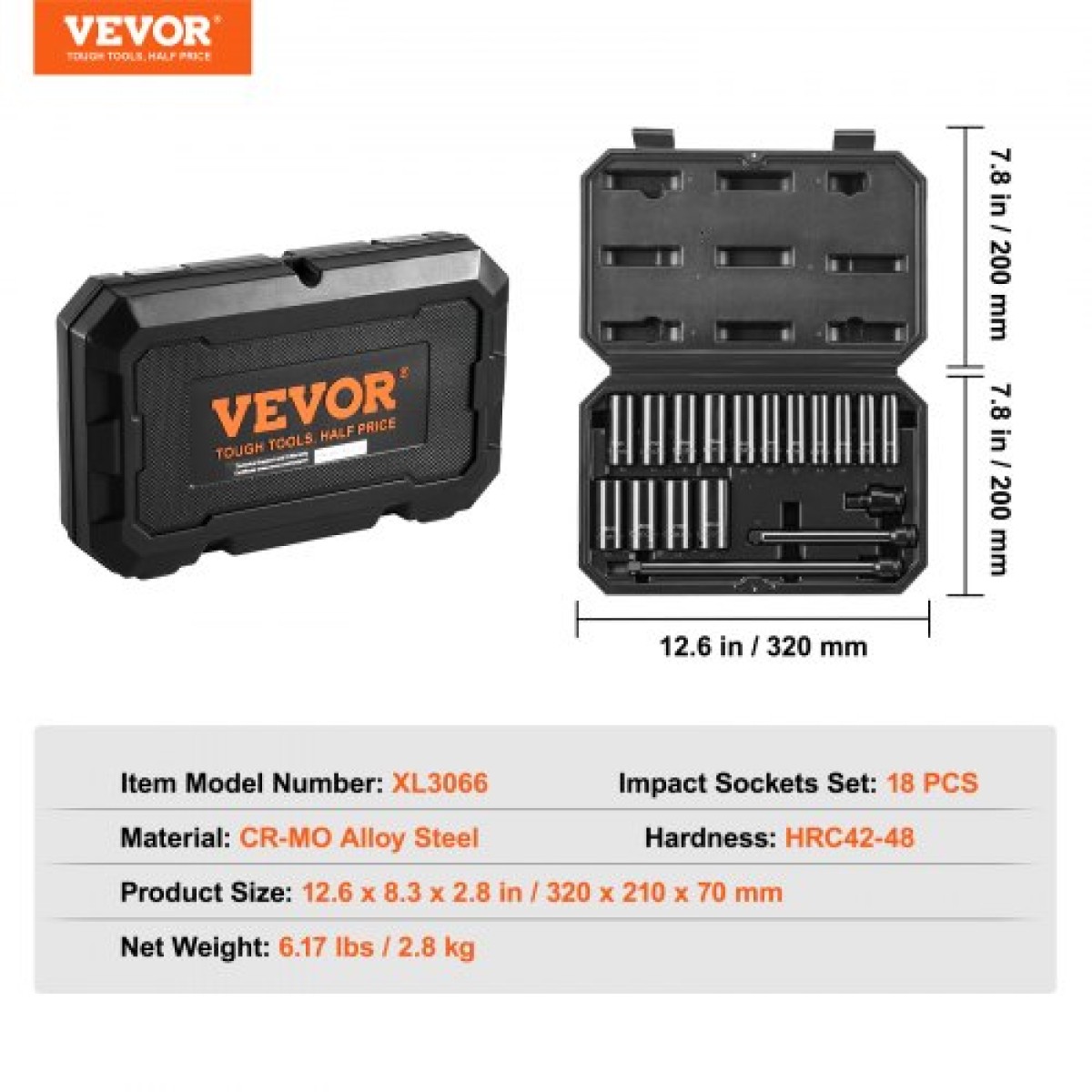 VEVOR 3/8" Drive Impact Socket Set, 18 Piece Deep Socket Set Metric 8-22mm, 6 Point CR-V Alloy Steel for Auto Repair, Ευανάγνωστα σημάδια μεγέθους, στιβαρή κατασκευή, περιλαμβάνει θήκη αποθήκευσης