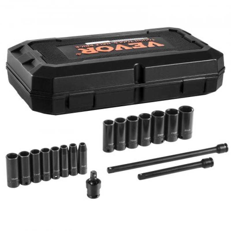 VEVOR 3/8" Drive Impact Socket Set, 18 Piece Deep Socket Set Metric 8-22mm, 6 Point CR-V Alloy Steel for Auto Repair, Ευανάγνωστα σημάδια μεγέθους, στιβαρή κατασκευή, περιλαμβάνει θήκη αποθήκευσης