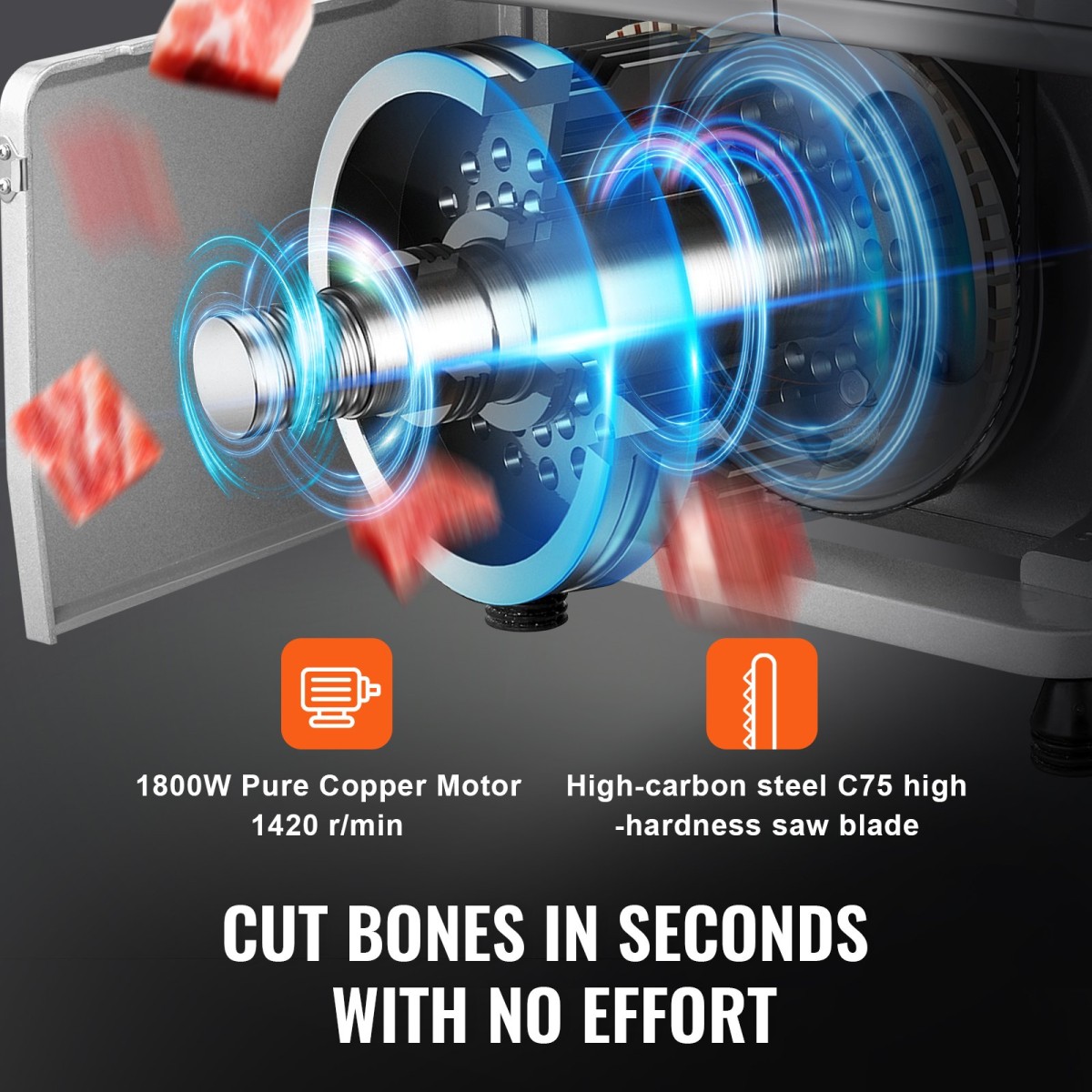 VEVOR Εμπορικό ηλεκτρικό πριόνι κρέατος, Μηχάνημα 1800W από ανοξείδωτο ατσάλι, πάγκο οστών, επιφάνεια εργασίας 15" x 19,1", μέγιστο πάχος κοπής 7,09 ιντσών, Κόφτης κατεψυγμένου κρέατος με 5 λεπίδες για χοιρινό μοσχαρίσιο κρέας