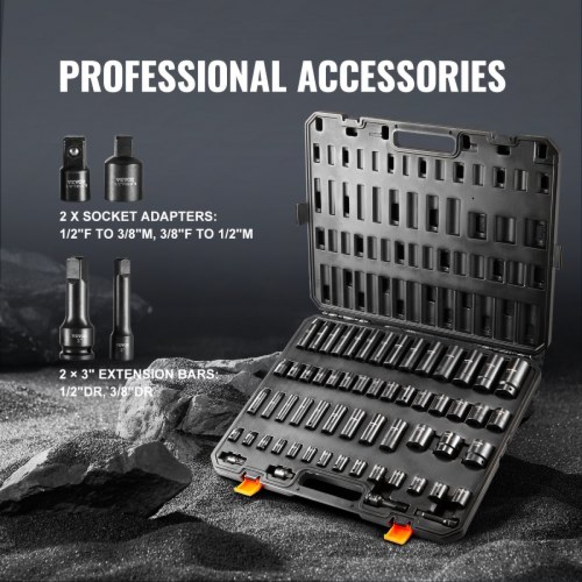 VEVOR 3/8" & 1/2" Drive Impact Socket Set, 59PCS Socket Set SAE 5/16" to 1-1/4" and Metric 6-32mm, 6 Point Cr-Mo Alloy Steel for Auto Repair, Εύκολα στην ανάγνωση σημάνσεις, Ανθεκτική κατασκευή, Θήκη αποθήκευσης