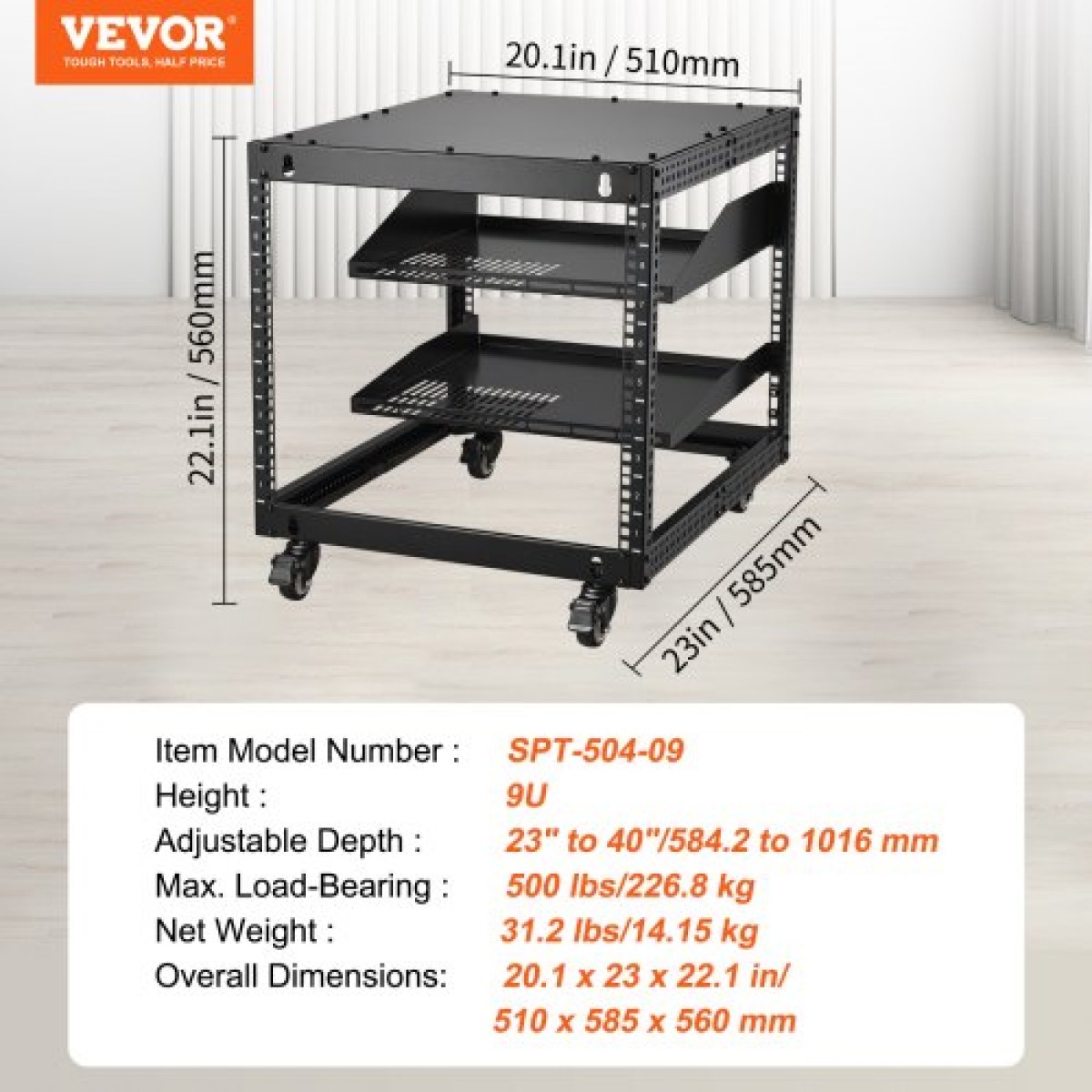 VEVOR 9U 4 Post Open Frame Server Rack Περίβλημα δικτύου 58,4-101,6 cm Ρυθμιζόμενο βάθος
