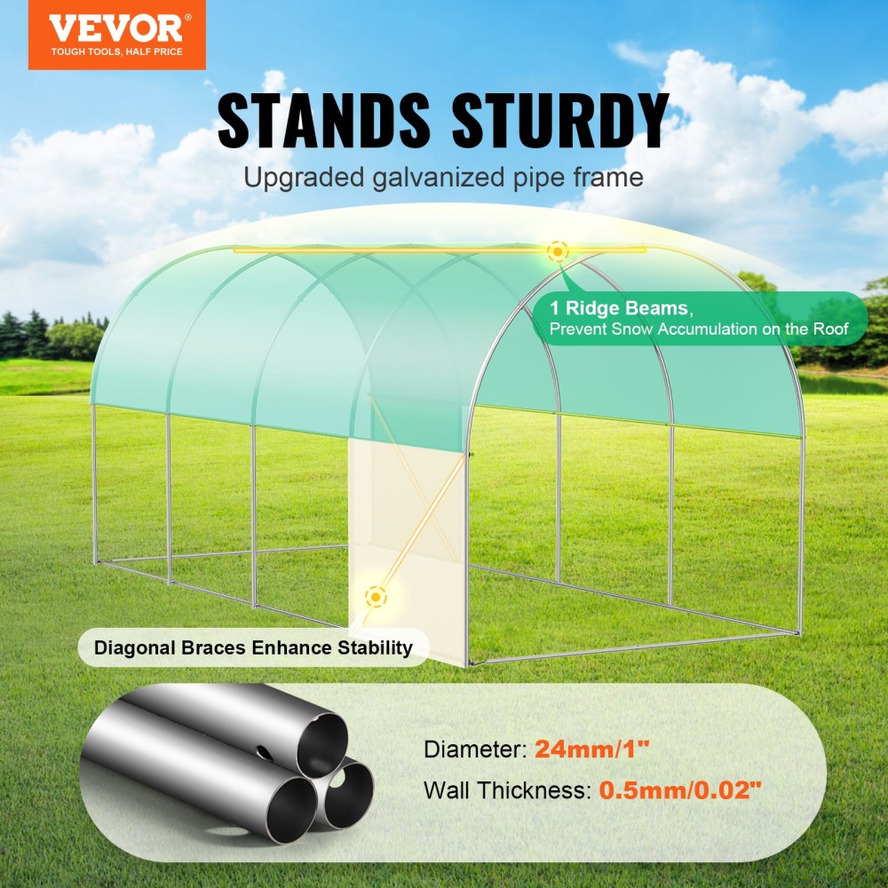 Θερμοκήπιο VEVOR Walk-in Tunnel, σήραγγα θερμοκηπίου Hoop House 14,6x6,4x6,3 ft, Hot House με σκελετό από γαλβανισμένο χάλυβα, πράσινο κάλυμμα PE, πόρτα με φερμουάρ και 8 παράθυρα για εξωτερικούς χώρους