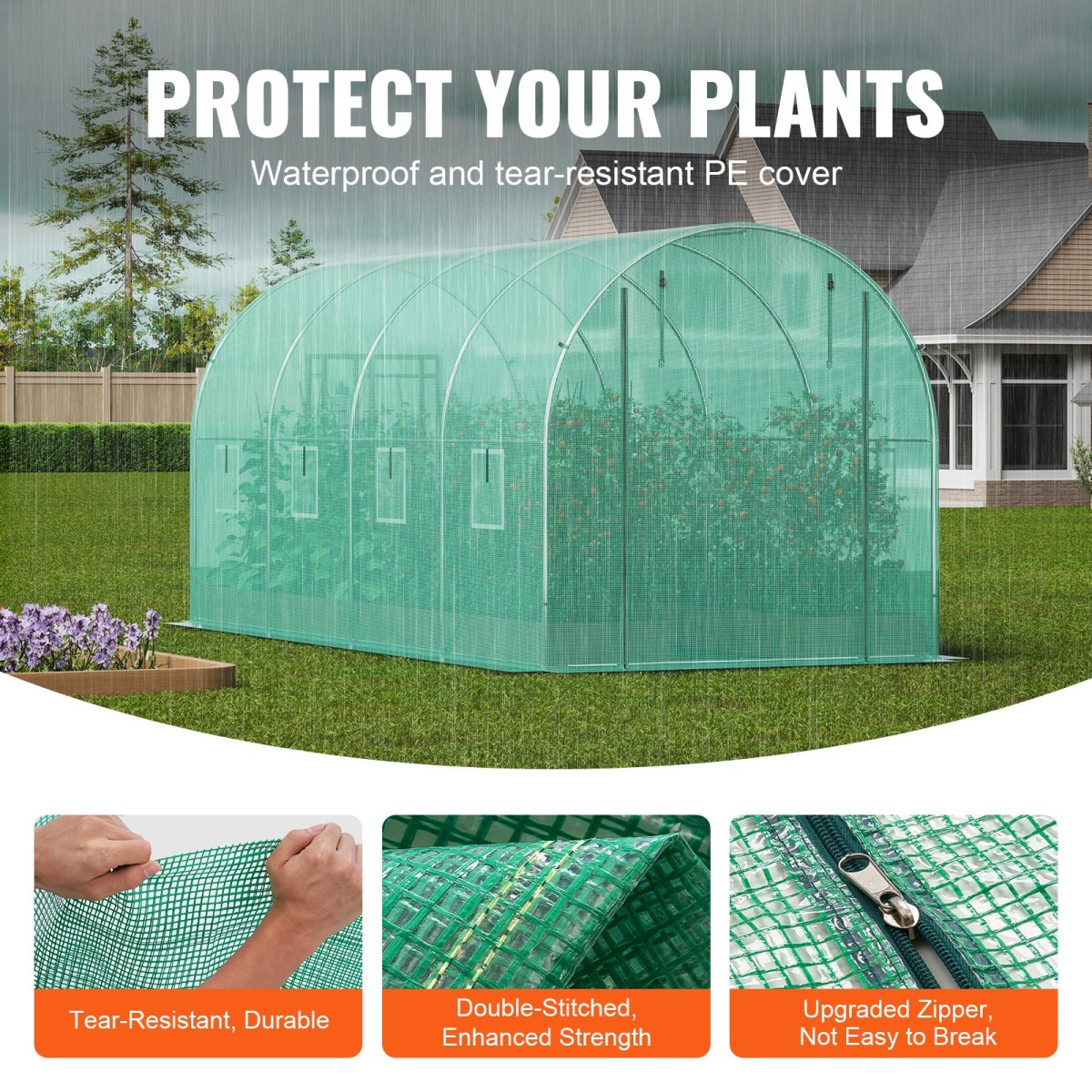Θερμοκήπιο VEVOR Walk-in Tunnel, σήραγγα θερμοκηπίου Hoop House 14,6x6,4x6,3 ft, Hot House με σκελετό από γαλβανισμένο χάλυβα, πράσινο κάλυμμα PE, πόρτα με φερμουάρ και 8 παράθυρα για εξωτερικούς χώρους