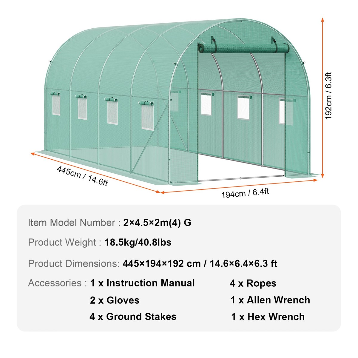 Θερμοκήπιο VEVOR Walk-in Tunnel, σήραγγα θερμοκηπίου Hoop House 14,6x6,4x6,3 ft, Hot House με σκελετό από γαλβανισμένο χάλυβα, πράσινο κάλυμμα PE, πόρτα με φερμουάρ και 8 παράθυρα για εξωτερικούς χώρους