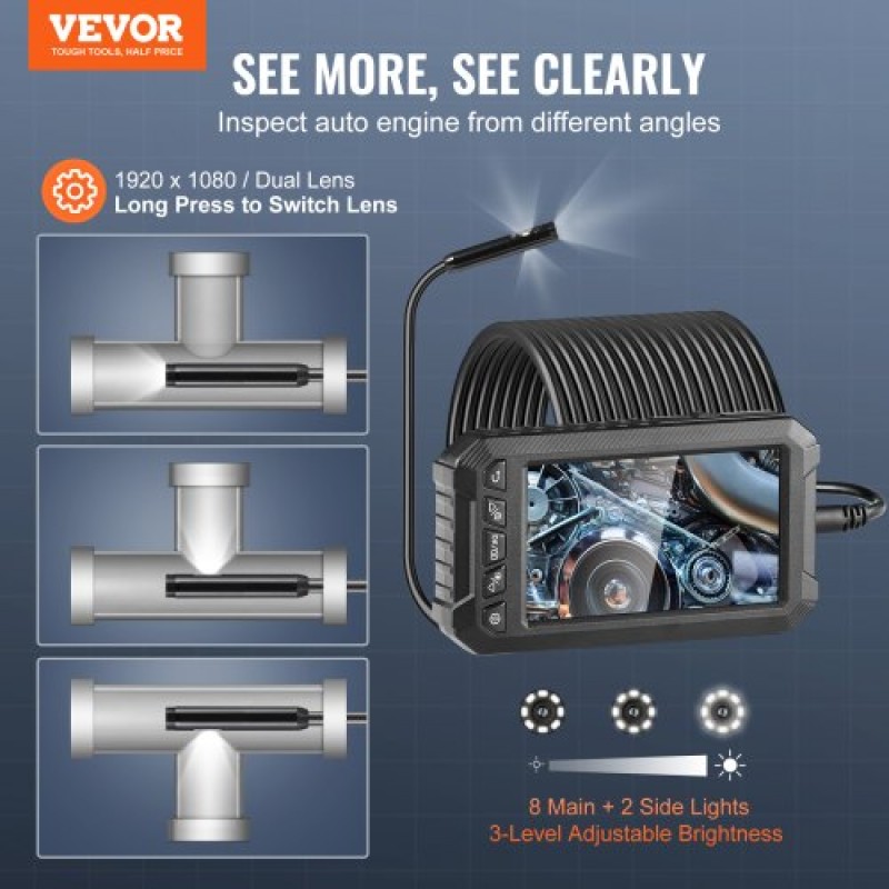 VEVOR Endoscope Camera with Lights Triple Lens Borescope 1499,6 cm Cable 12,7 cm Screen